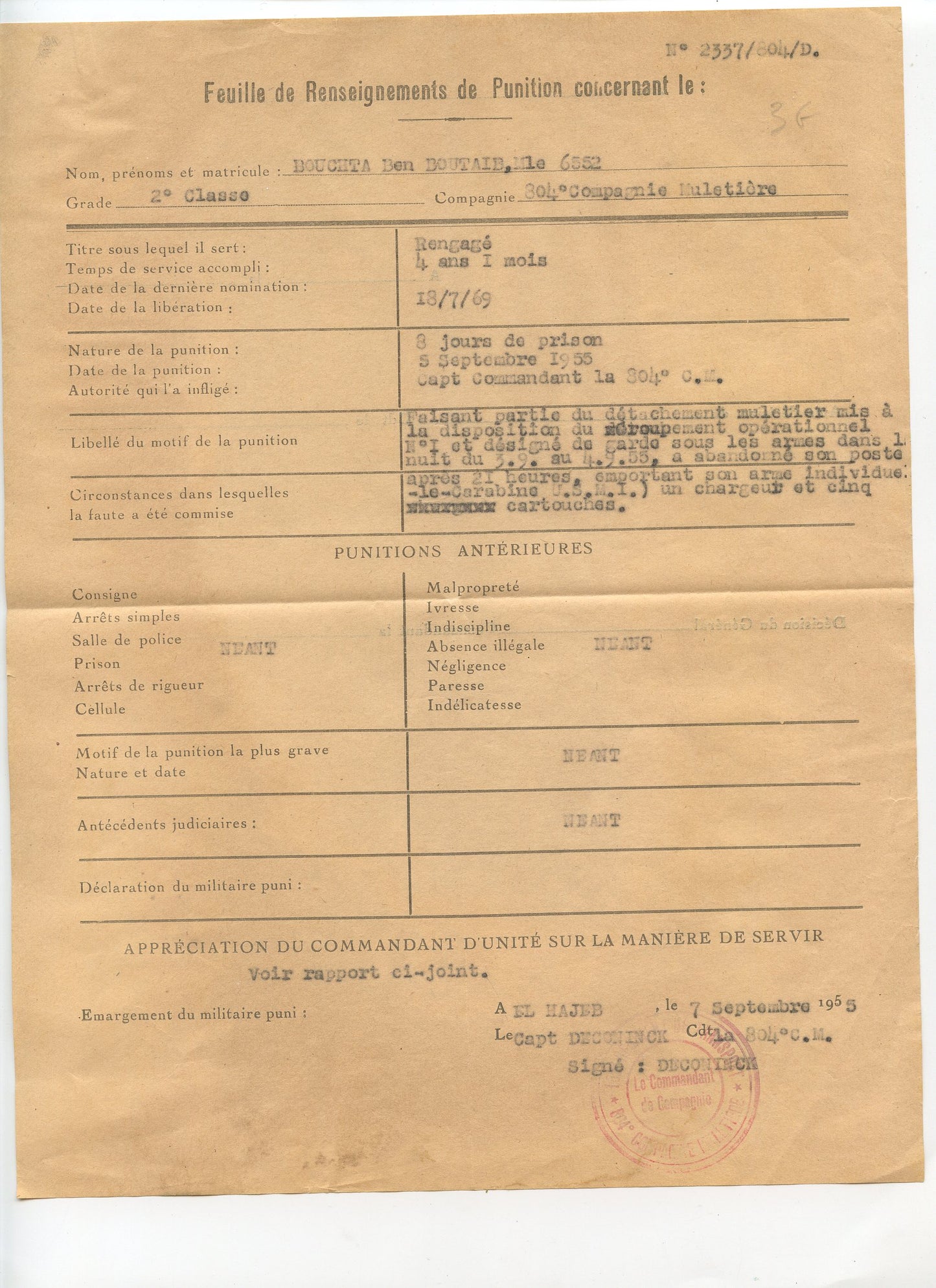 déclaration de désertion d'un muletier marocain 1955 1