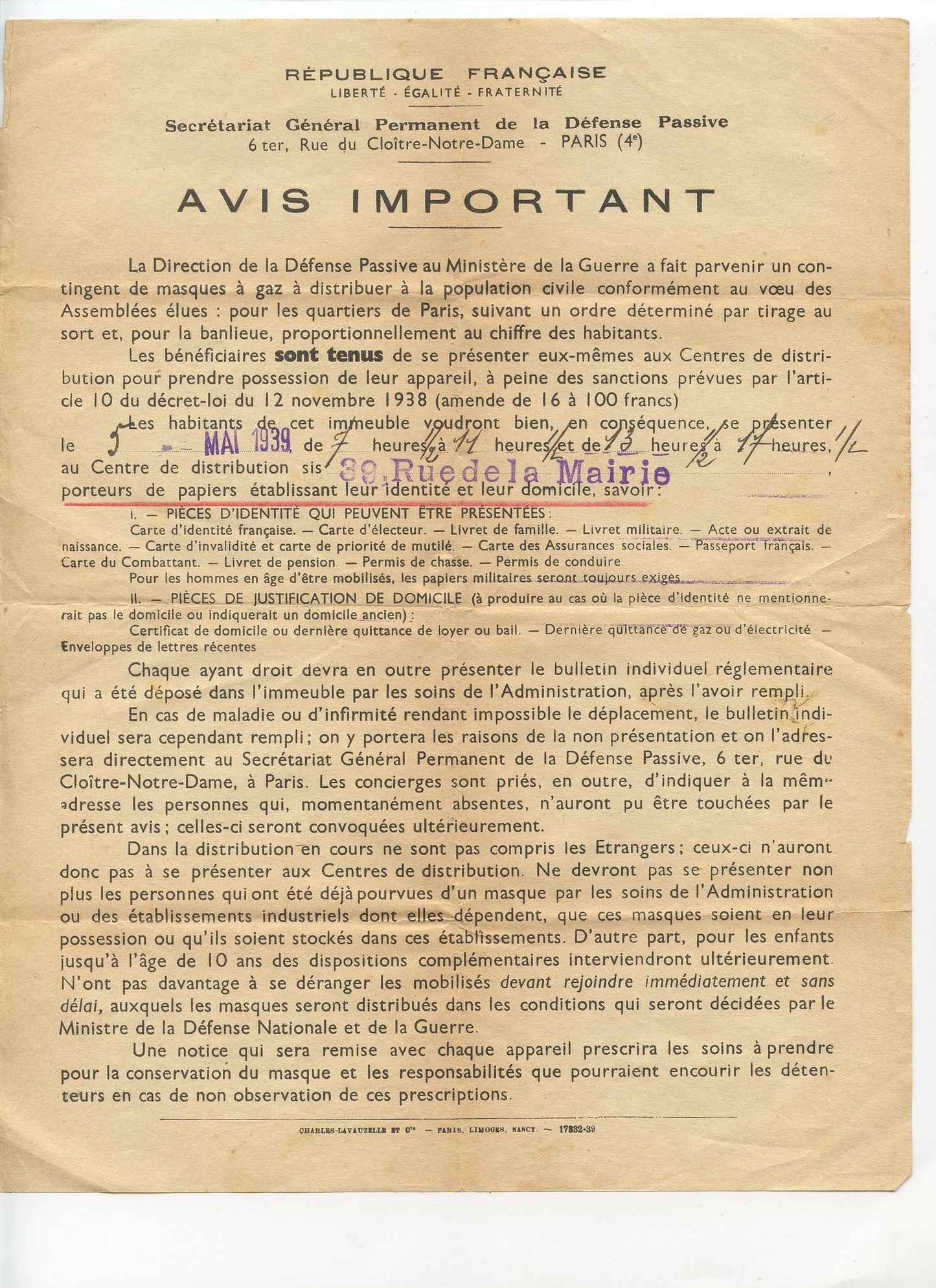 document Défense passive convocation habitants 1939