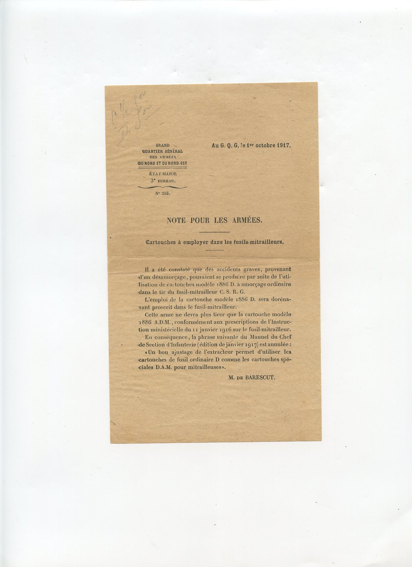 note sur les cartouches à employer dans le fusil mitrailleur Chauchat 1917