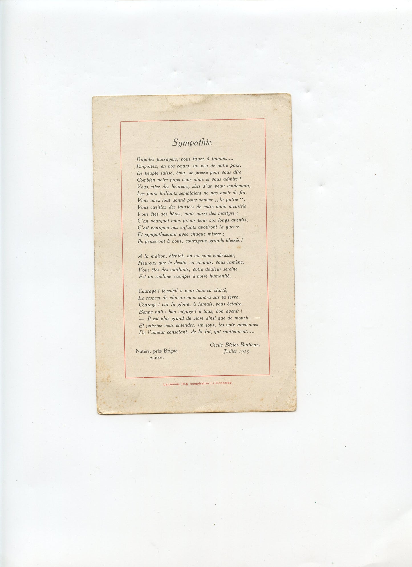 carte convoi des grands blessés Lausanne Suisse 1915