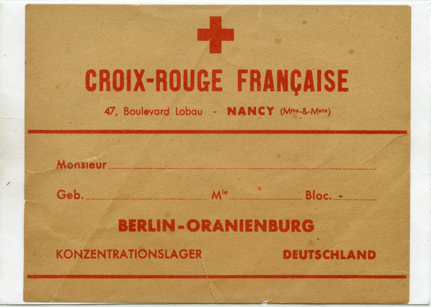 étiquette de colis croix rouge de Nancy pour le camp de concentration de Berlin Orianienburg 1939-45