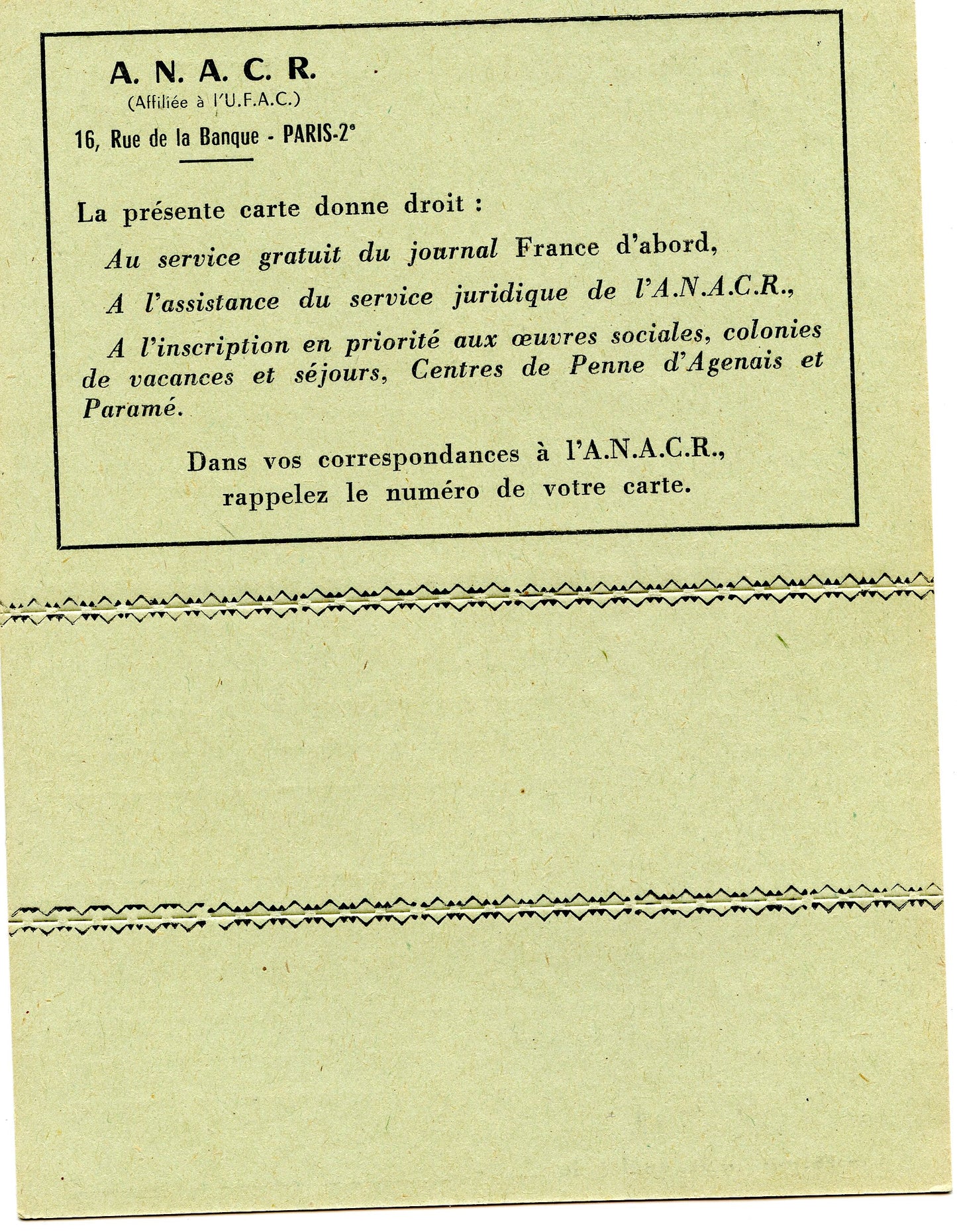 carte vierge association nationale des anciens combattants de la résistance 1940-1945