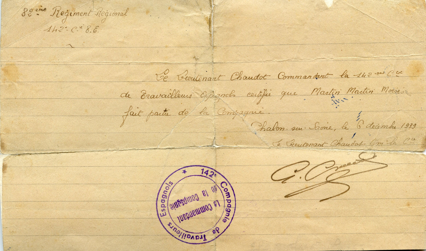attestation de la 142° compagnie de travailleurs espagnols du 82°régiment régional 1939-40