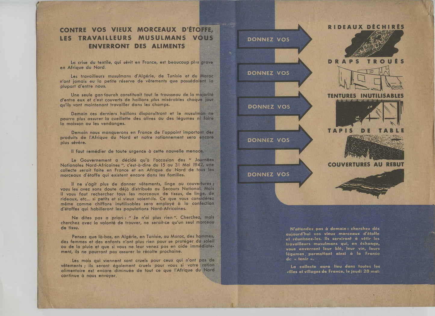 tract Etat Français journée nationale nord-africaine collecte des textiles 1940-44