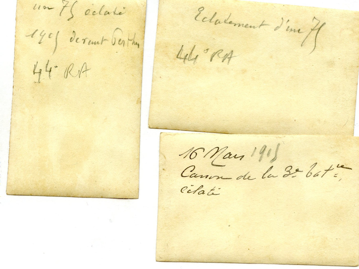 3 photos d'un canon de 75 éclaté Perthes les Hurlus Champagne, 44°RAC 1915 60x40mm