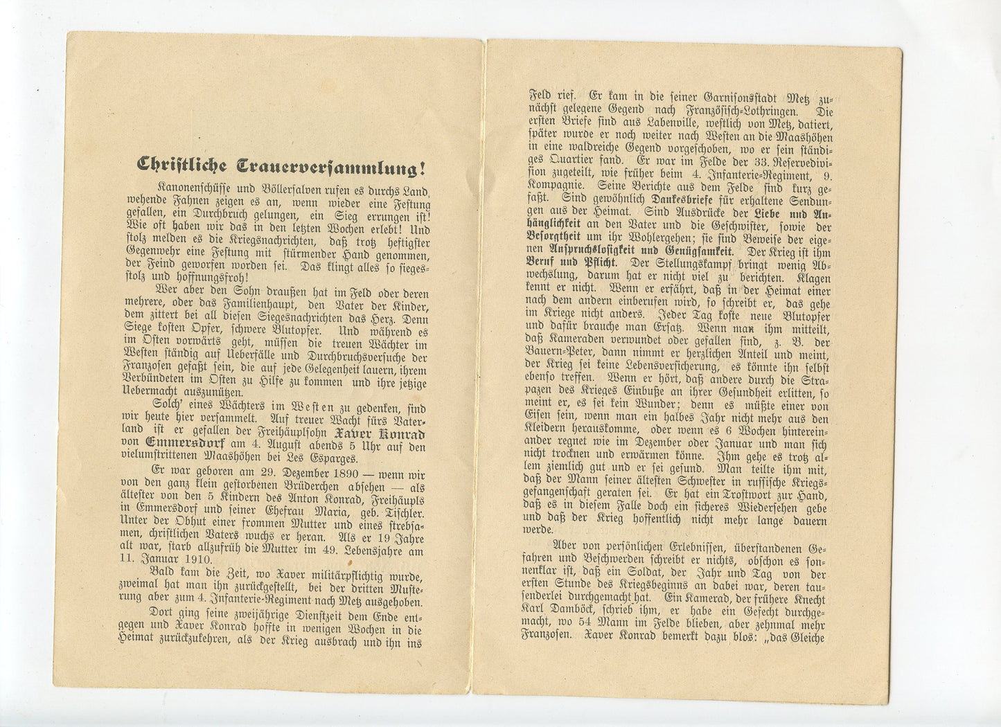 fascicule de décès d'un soldat allemand tué aux Eparges le 4 aout 1915, 8 pages