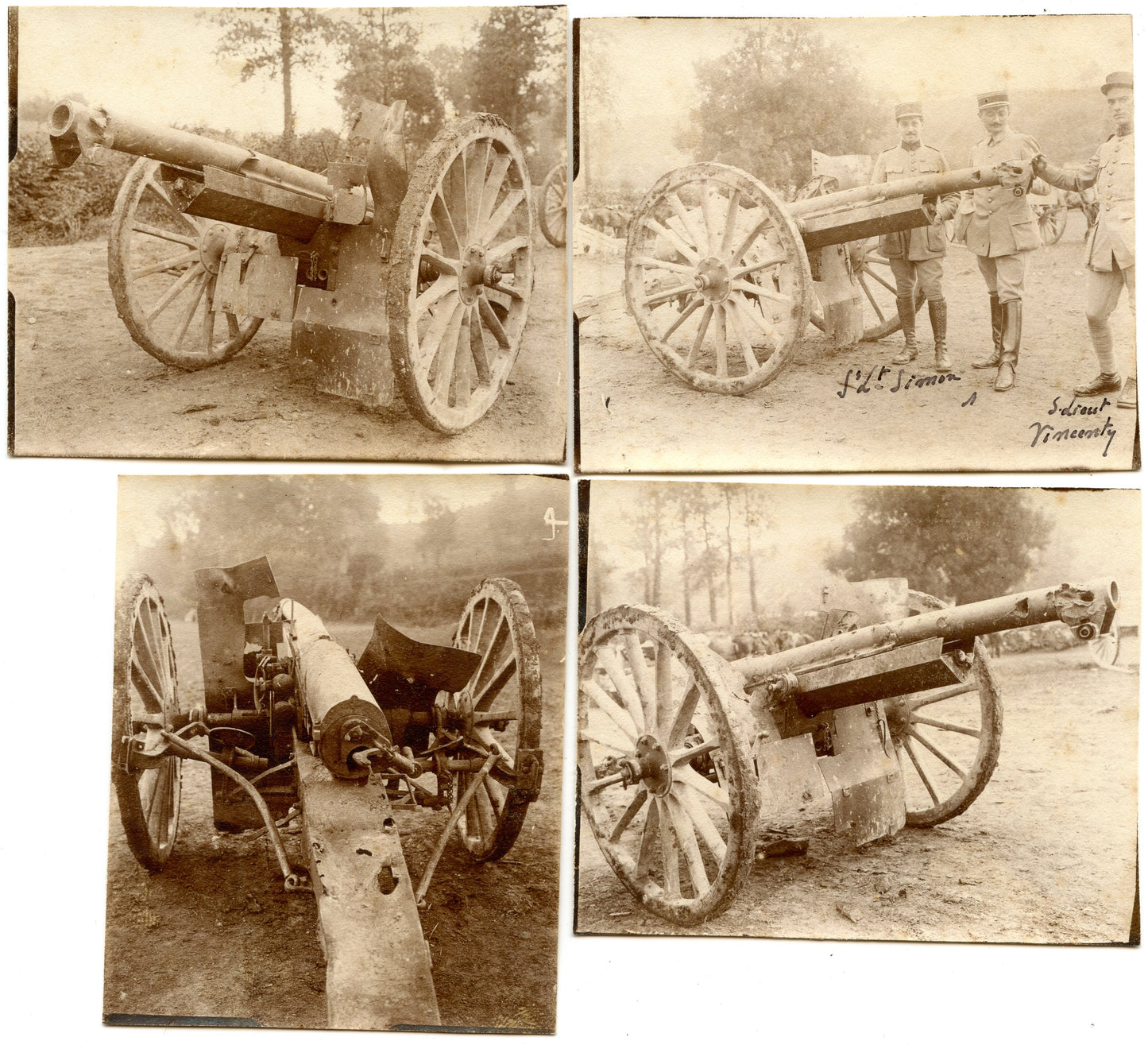 4 photos canon 75 impactés par obus boche Verdun 232°RAC 1917 95x80 mm