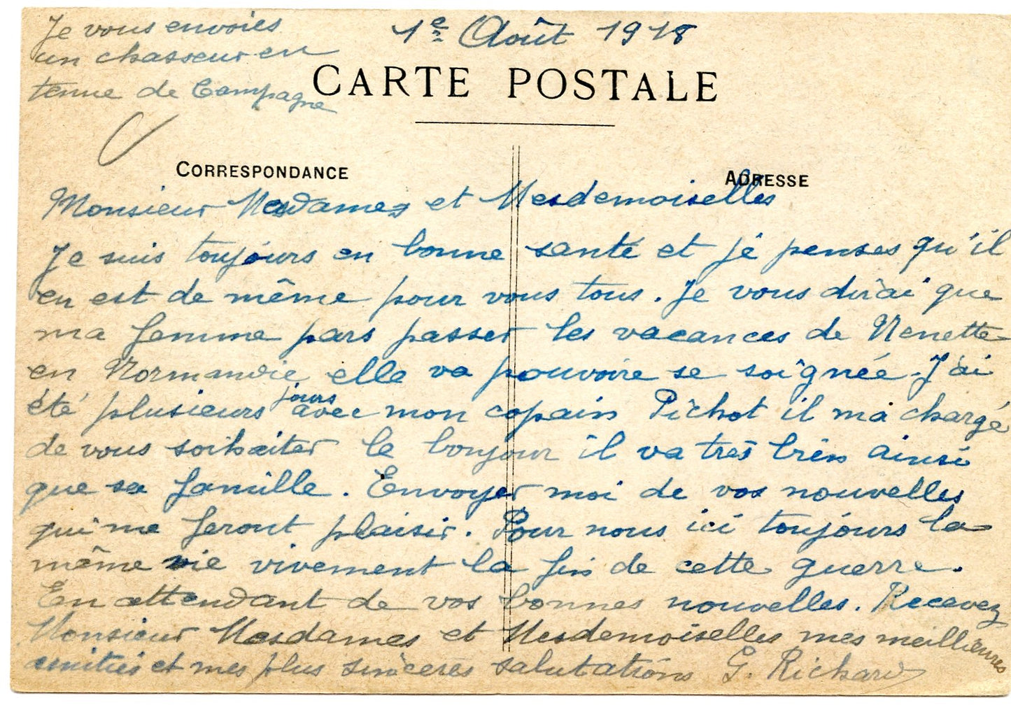 carte postale chasseur du 2°BCP Lunéville 1914-1918