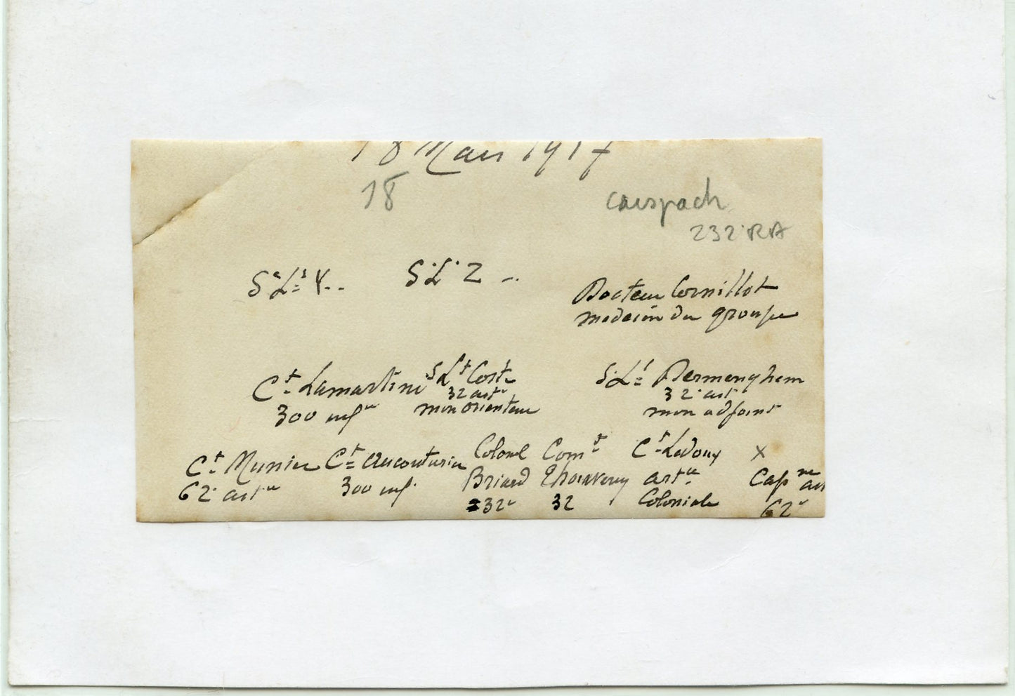 photo officiers dont chef de corps du 300°RI et 232°RAC, Carspach Alsace mars 1917, 10,5 x6