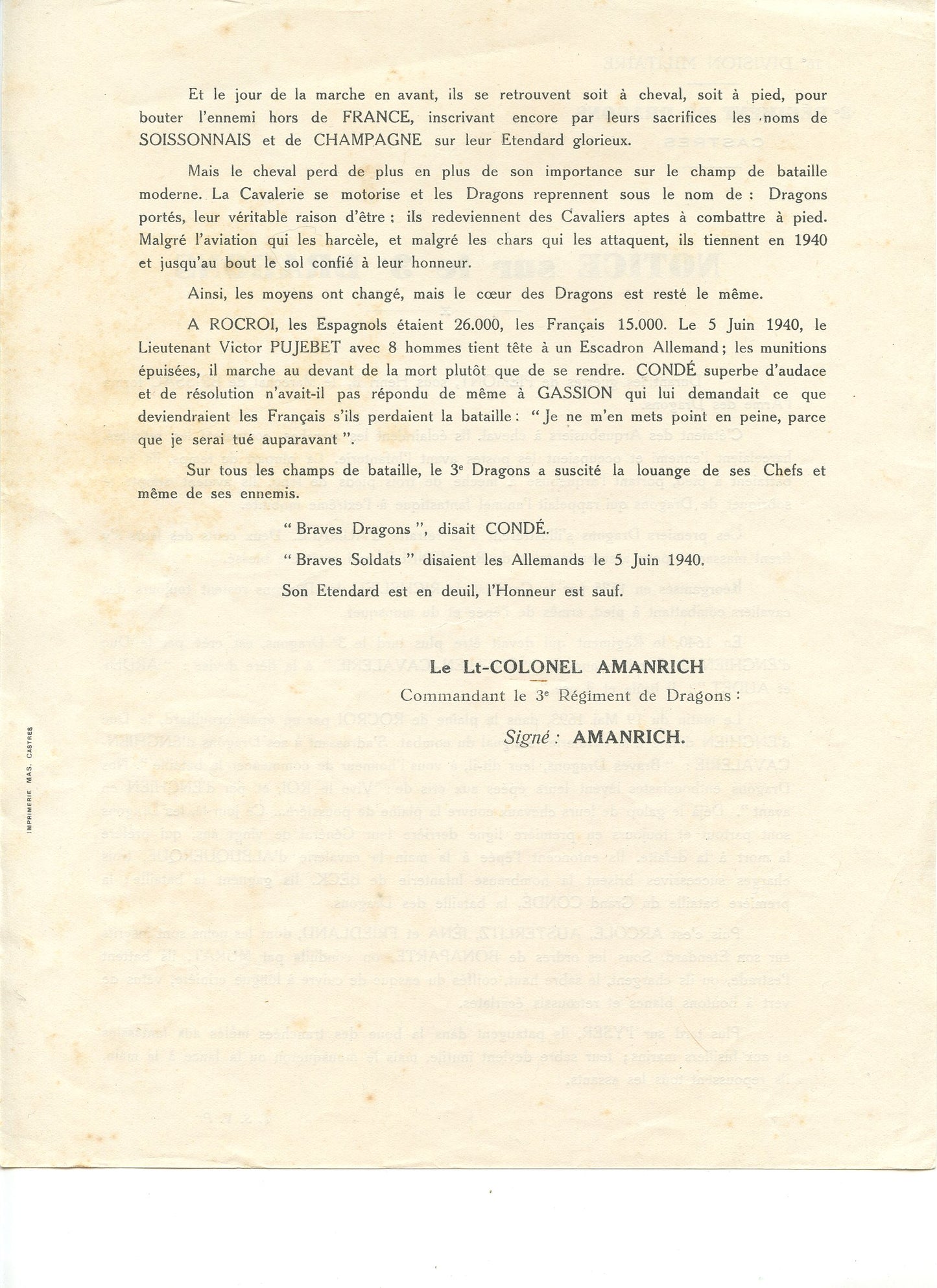 tract de recrutement 3° régiment de Dragons armée d'armistice plié en 2 cavalerie