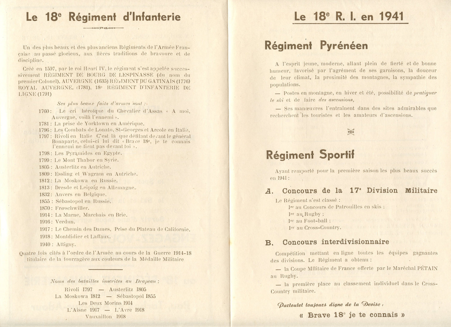 tract de recrutement 18° régiment d'infanterie Clermont Ferrand armée d'armistice Pau Tarbes