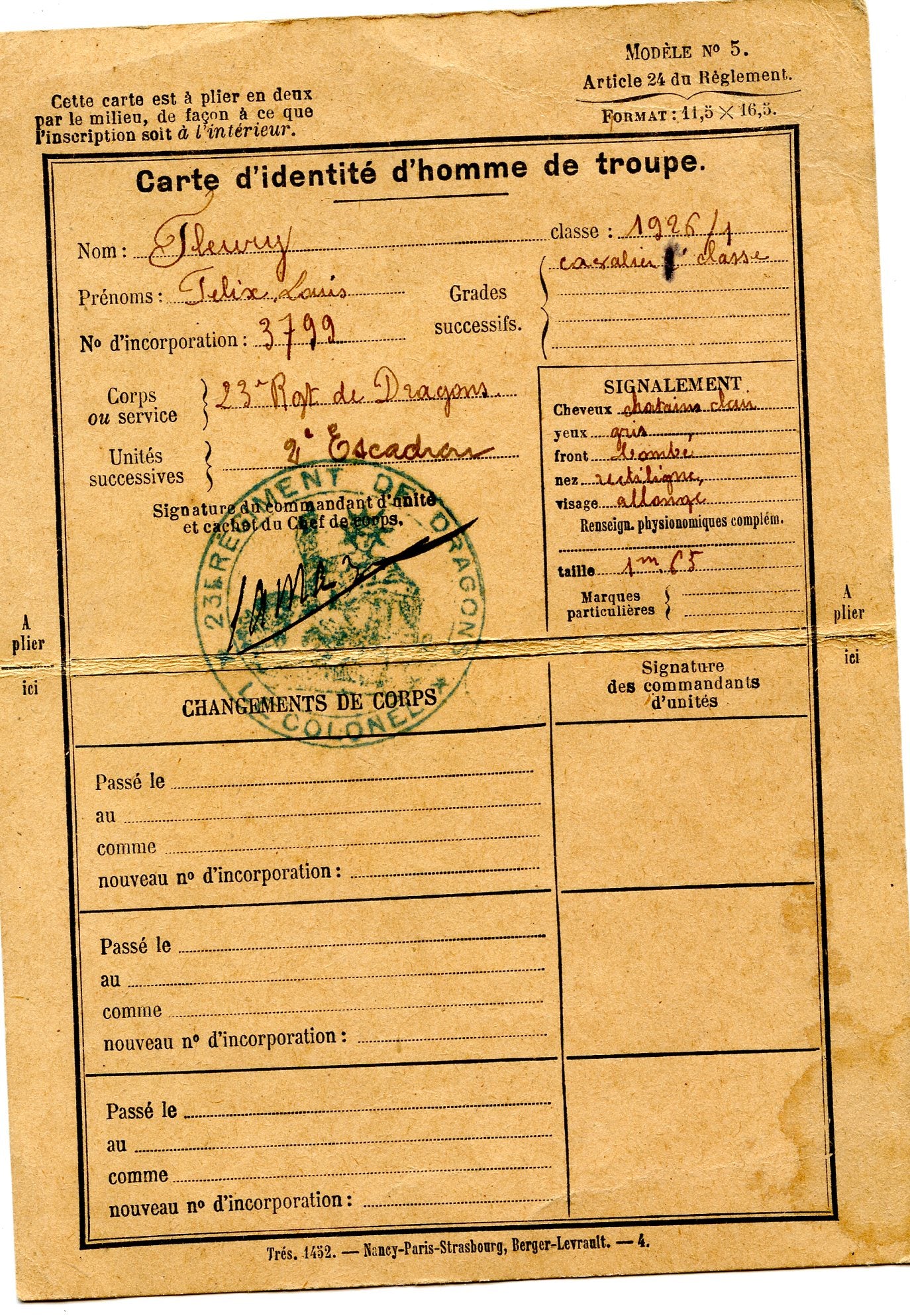 carte d'identité d'homme de troupe 23° dragons classe 1926