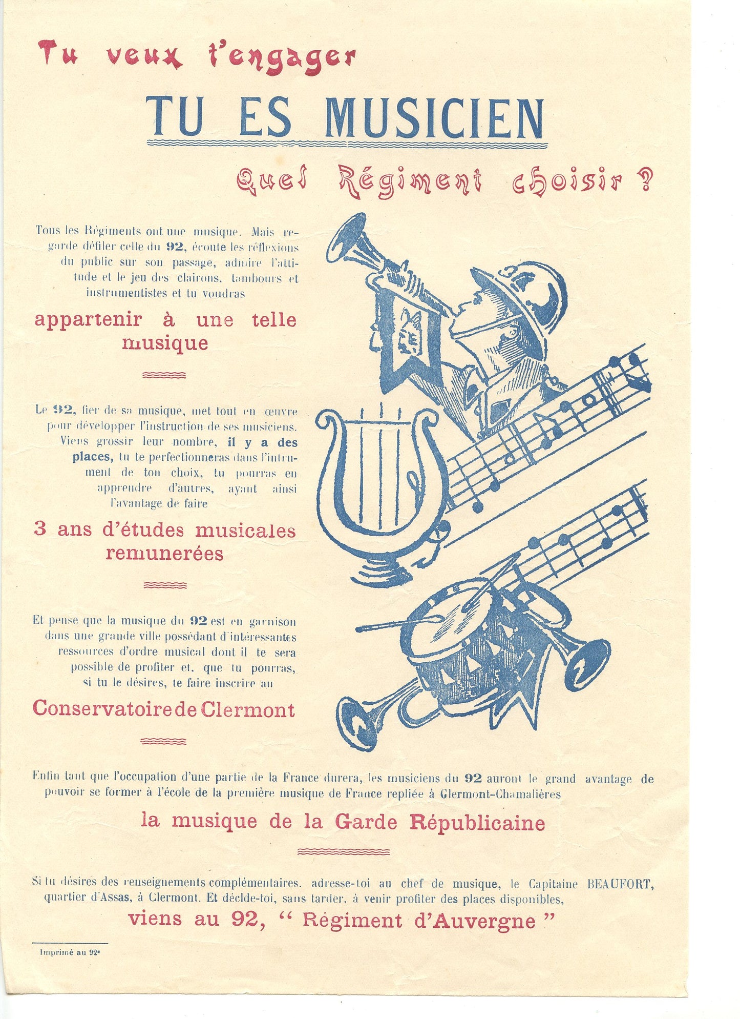 tract de recrutement 92° régiment d'infanterie Clermont Ferrand musicien armée d'armistice plié en 2