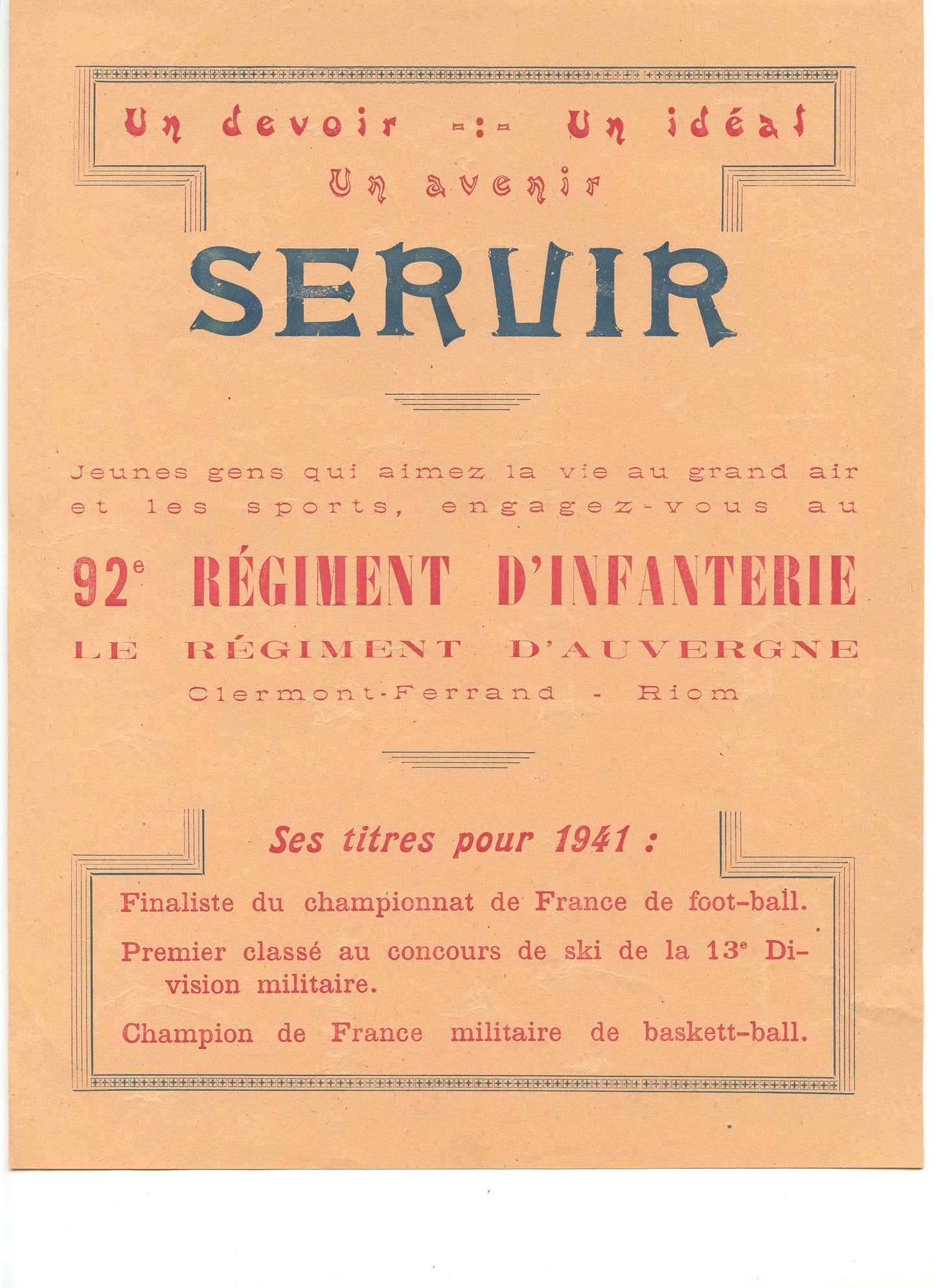 tract de recrutement 92° régiment d'infanterie Clermont Ferrand armée d'armistice servir plié en 2