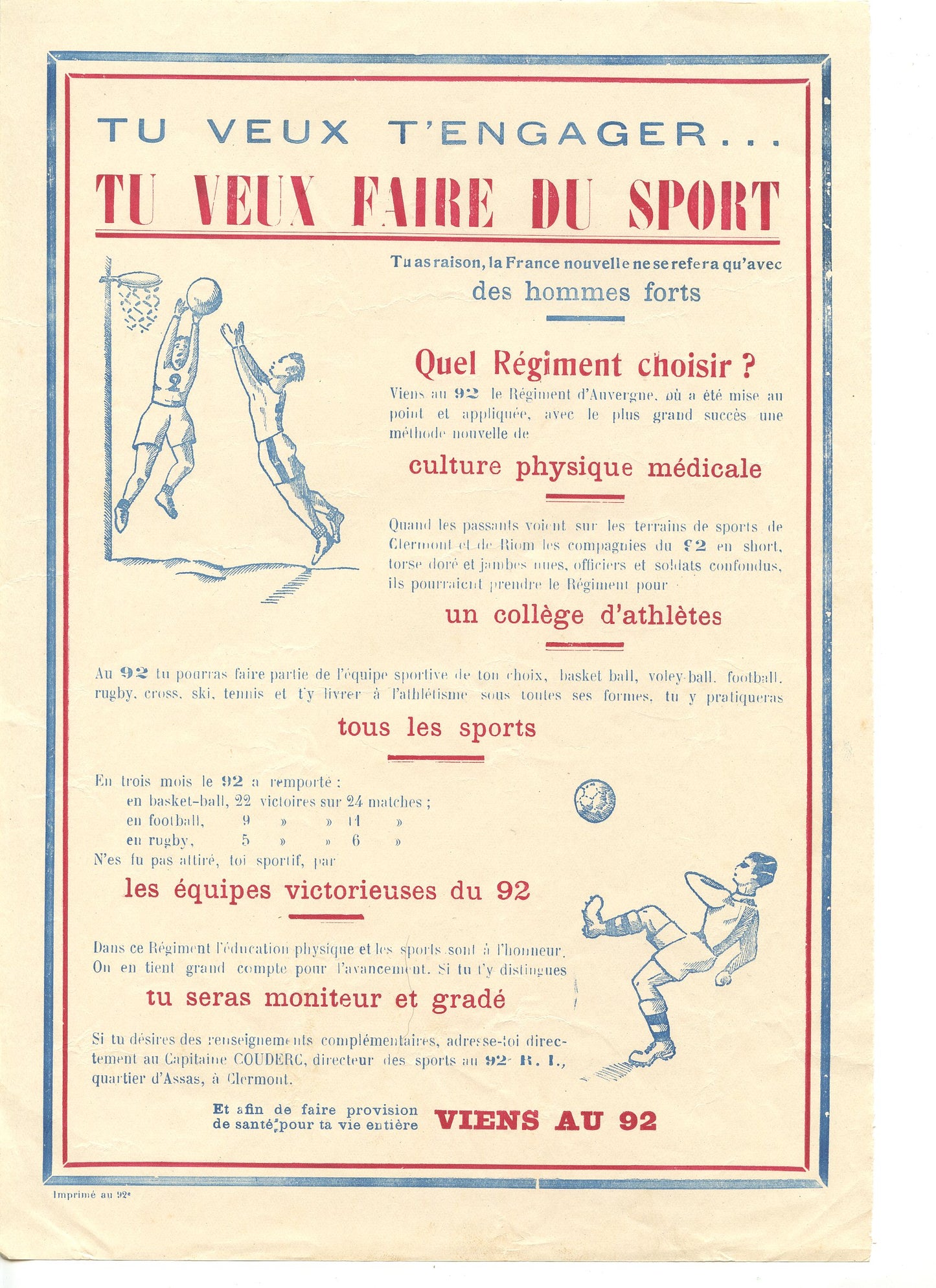 tract de recrutement 92° régiment d'infanterie Clermont Ferrand sport armée d'armistice plié en 2