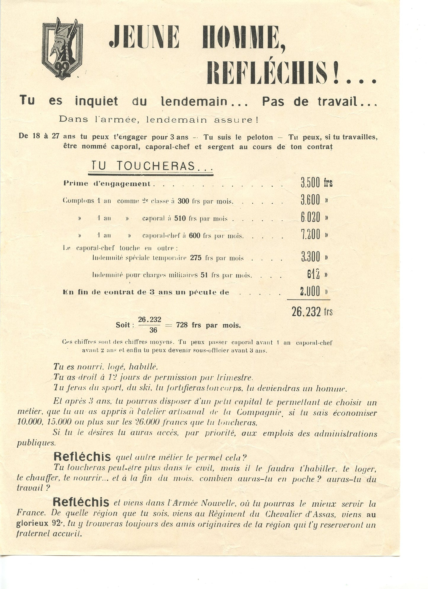 tract de recrutement 92° régiment d'infanterie Clermont Ferrand armée d'armistice plié en 2