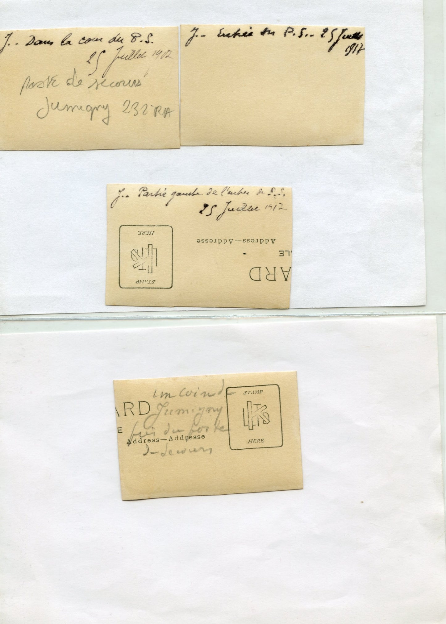 lot de 4 photos poste de secours Jumigny, Aisne Chemin des Dames, juillet 1917, 232°RA 3,3x4 cm