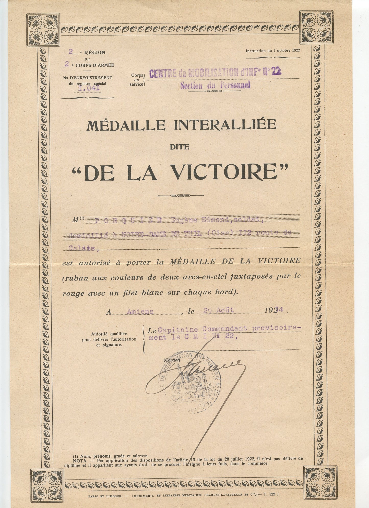 2 diplômes de modèles différents de la médaille interalliée pour le même poilu 1914-1918