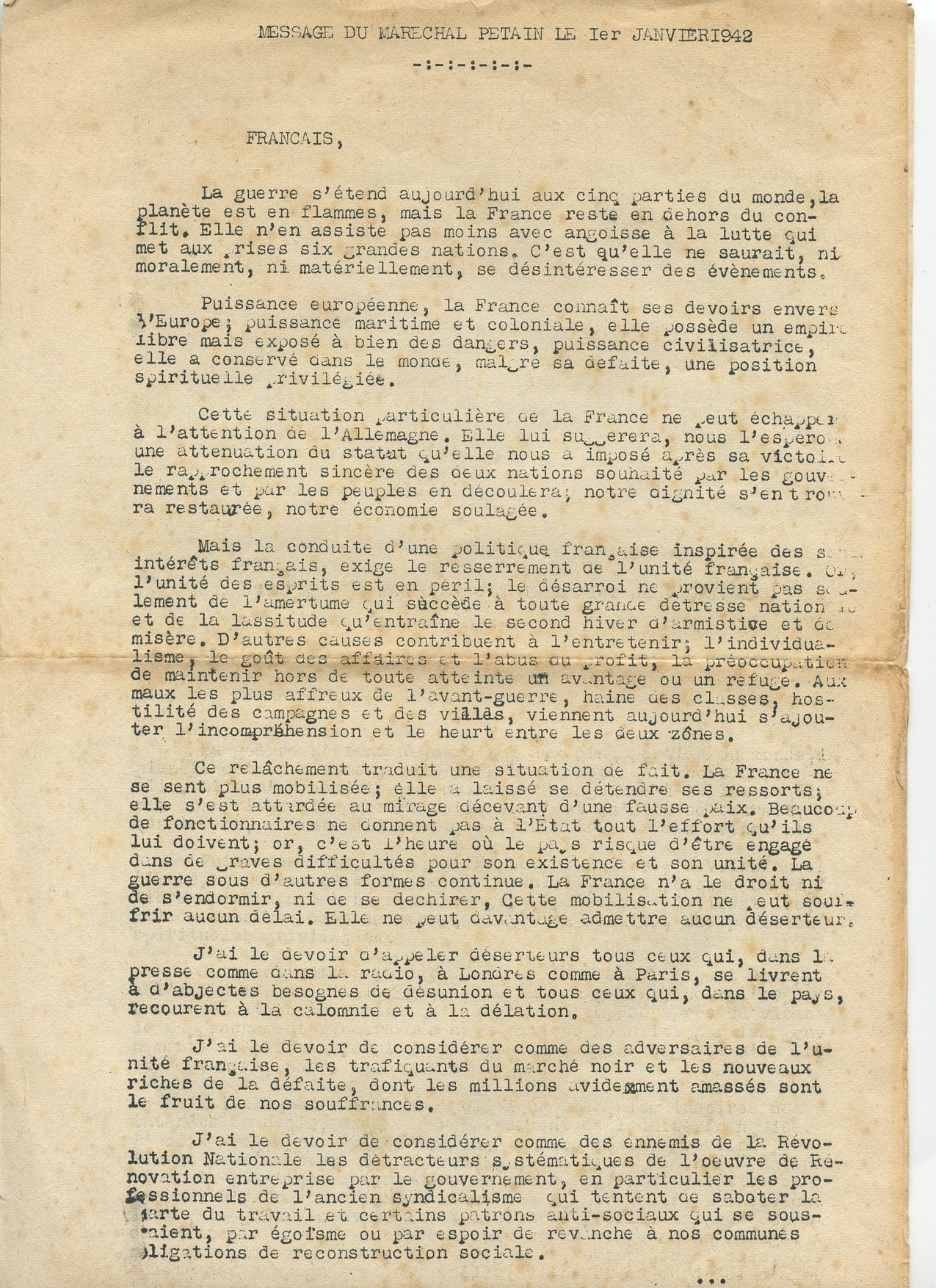 Message du Maréchal Pétain 1er janvier, Etat Français 1942, 3 pages