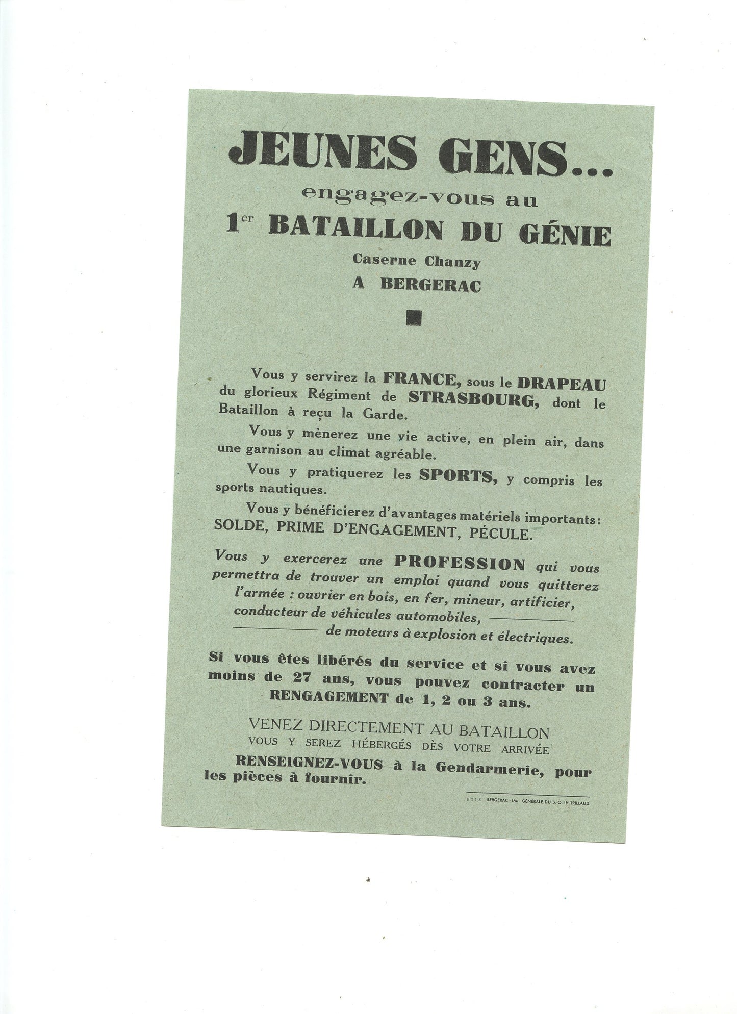 tract de recrutement 1° bataillon du génie Bergerac armée d'armistice plié en 2