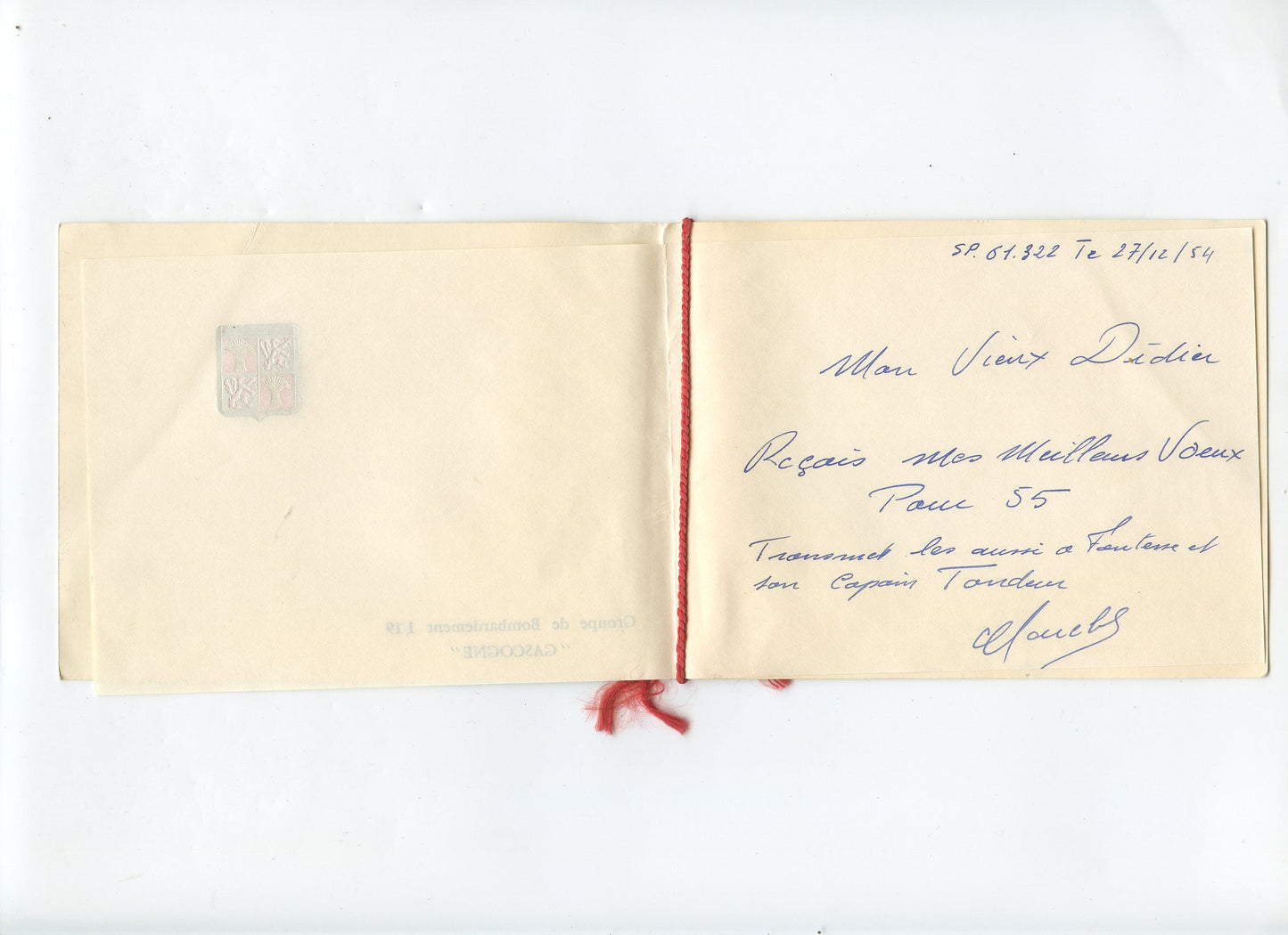 carte de vœux groupe de bombardement Gascogne aviation guerre d'Indochine