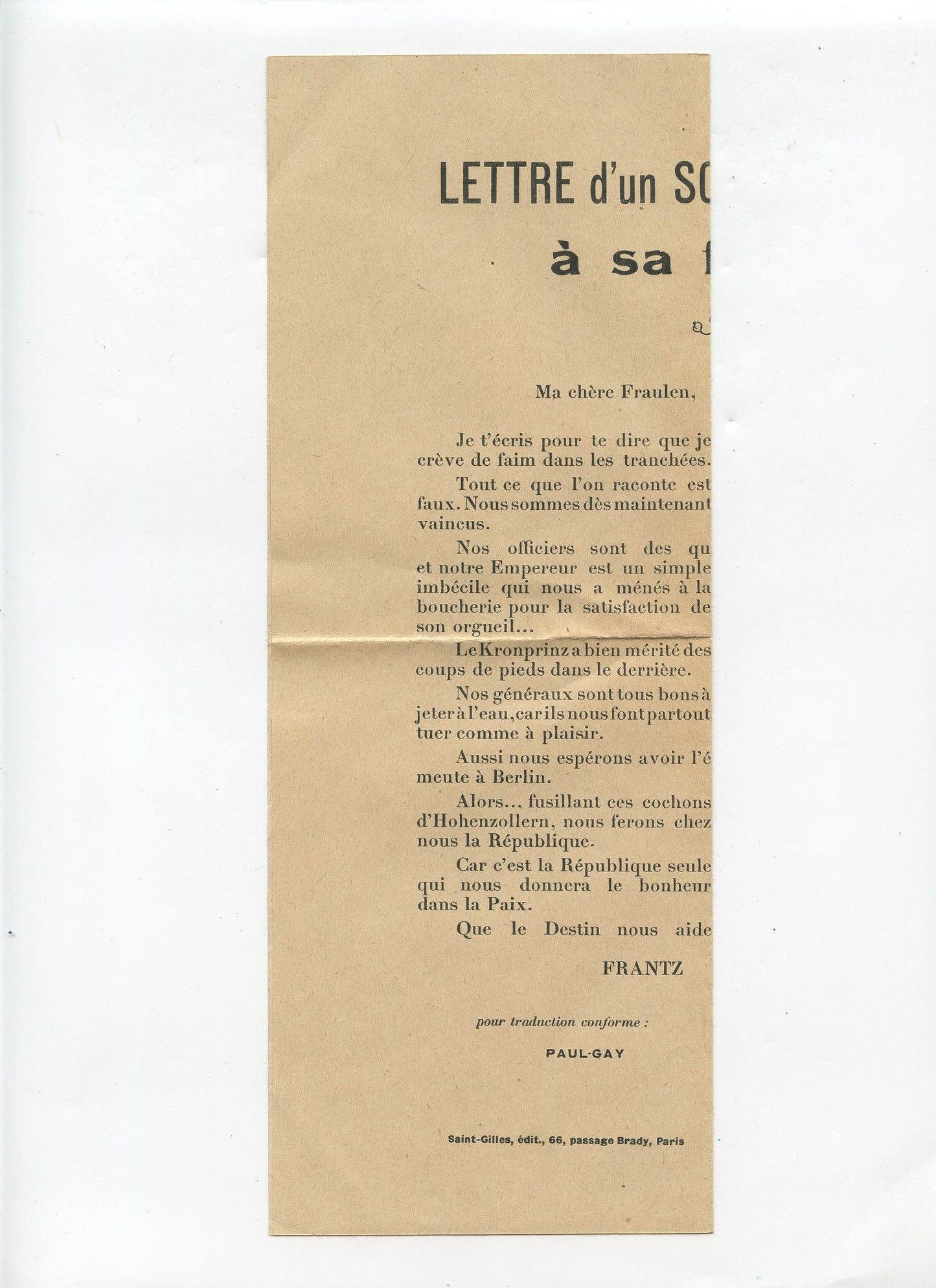 tract anti allemand lettre d'un soldat, se plie en deux pour lire la version propagandiste à gauche