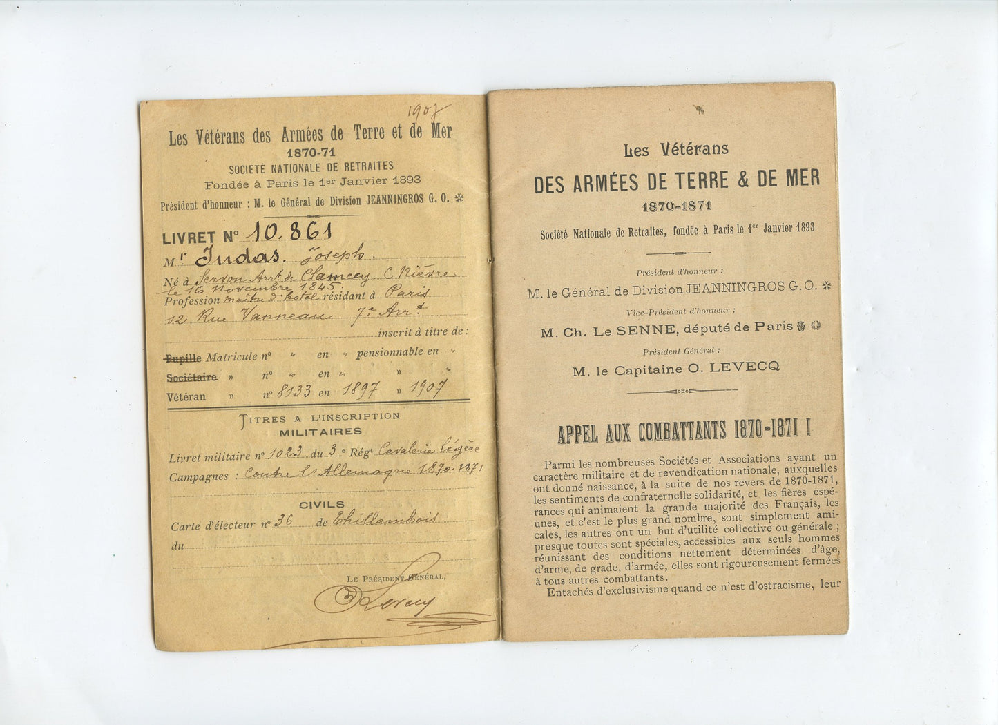 livret et carte d'adhèrent d'un vétéran de la guerre de 1870-71