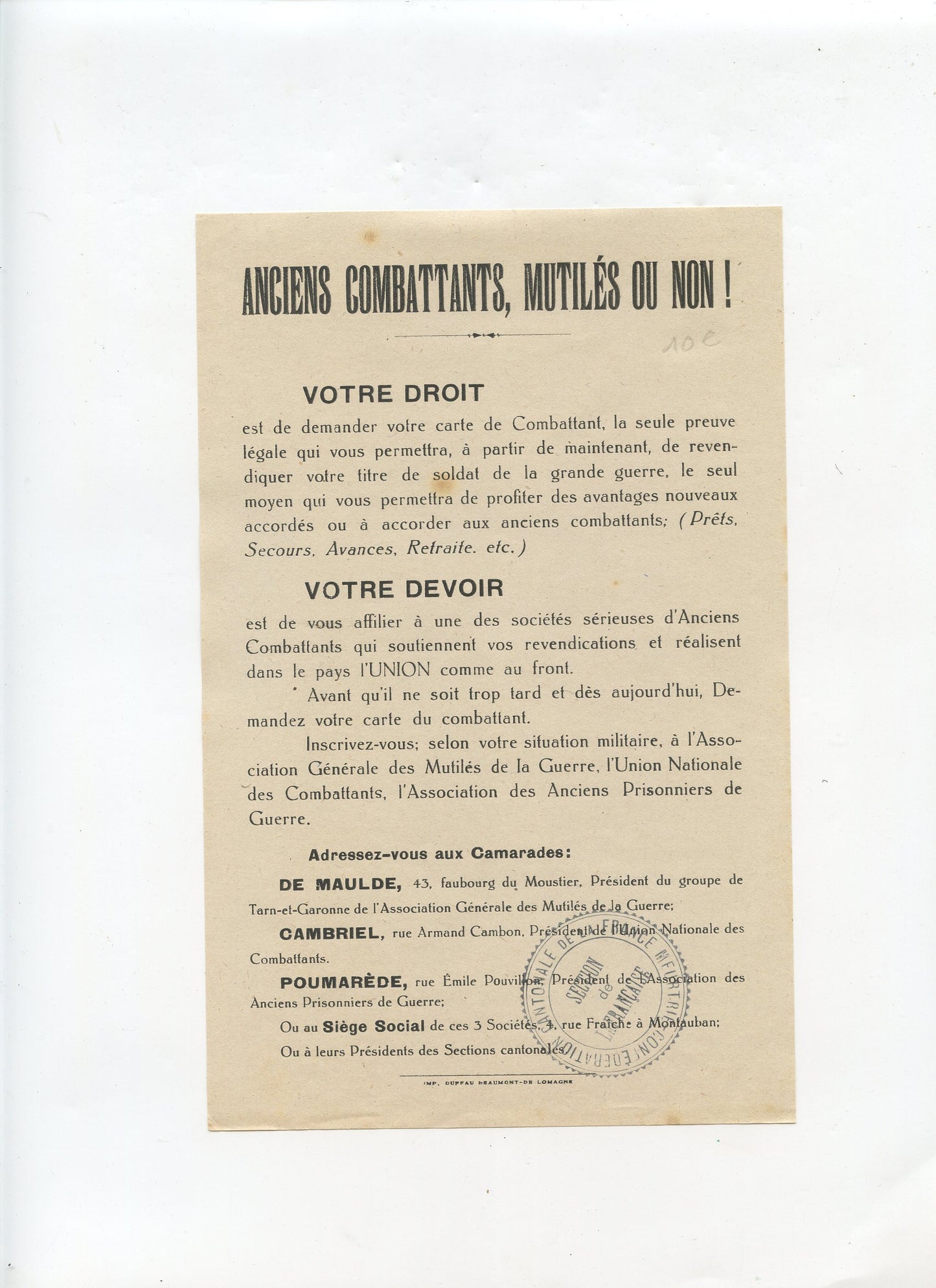 tract anciens combattants époque Vichy Lafrançaise