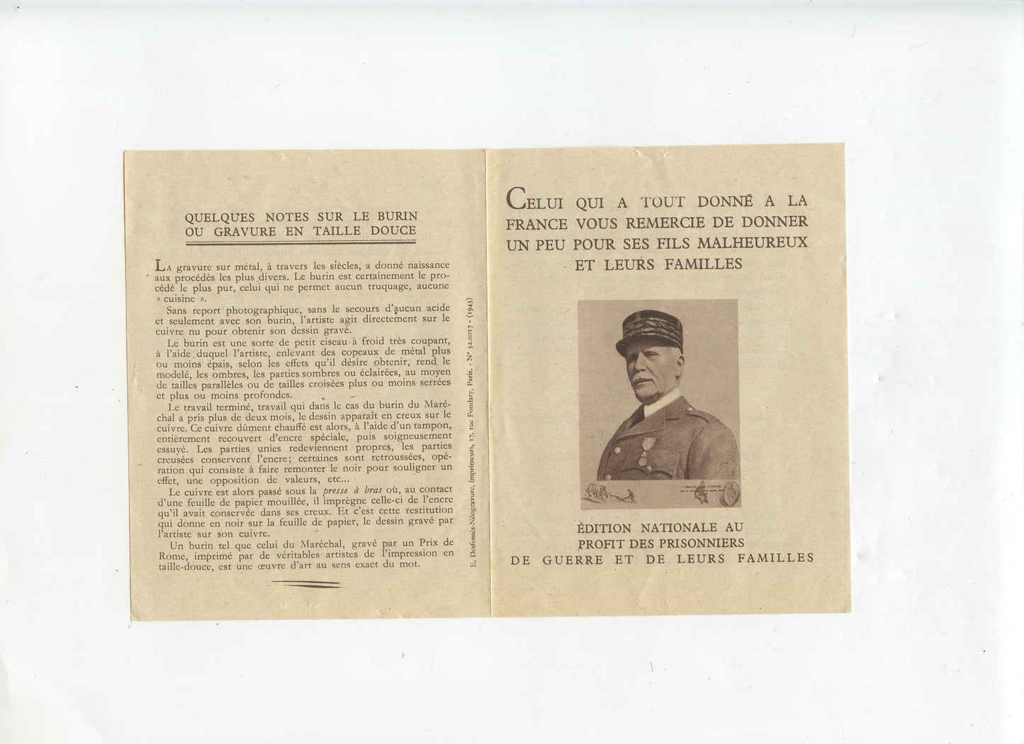 tract gravure du maréchal Pétain vente au profit des prisonniers Etat Français 1940-45