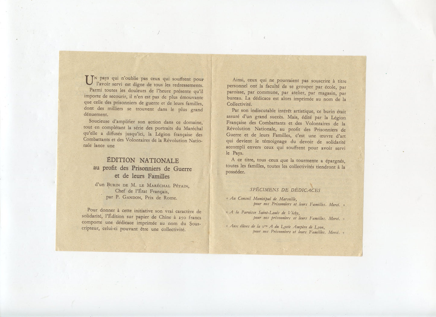 tract gravure du maréchal Pétain vente au profit des prisonniers Etat Français 1940-45