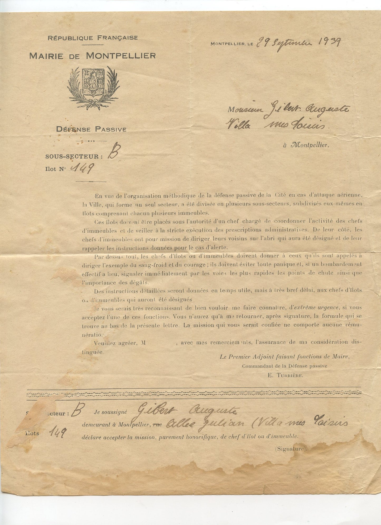 courrier Défense Passive de Montpellier 1939-45