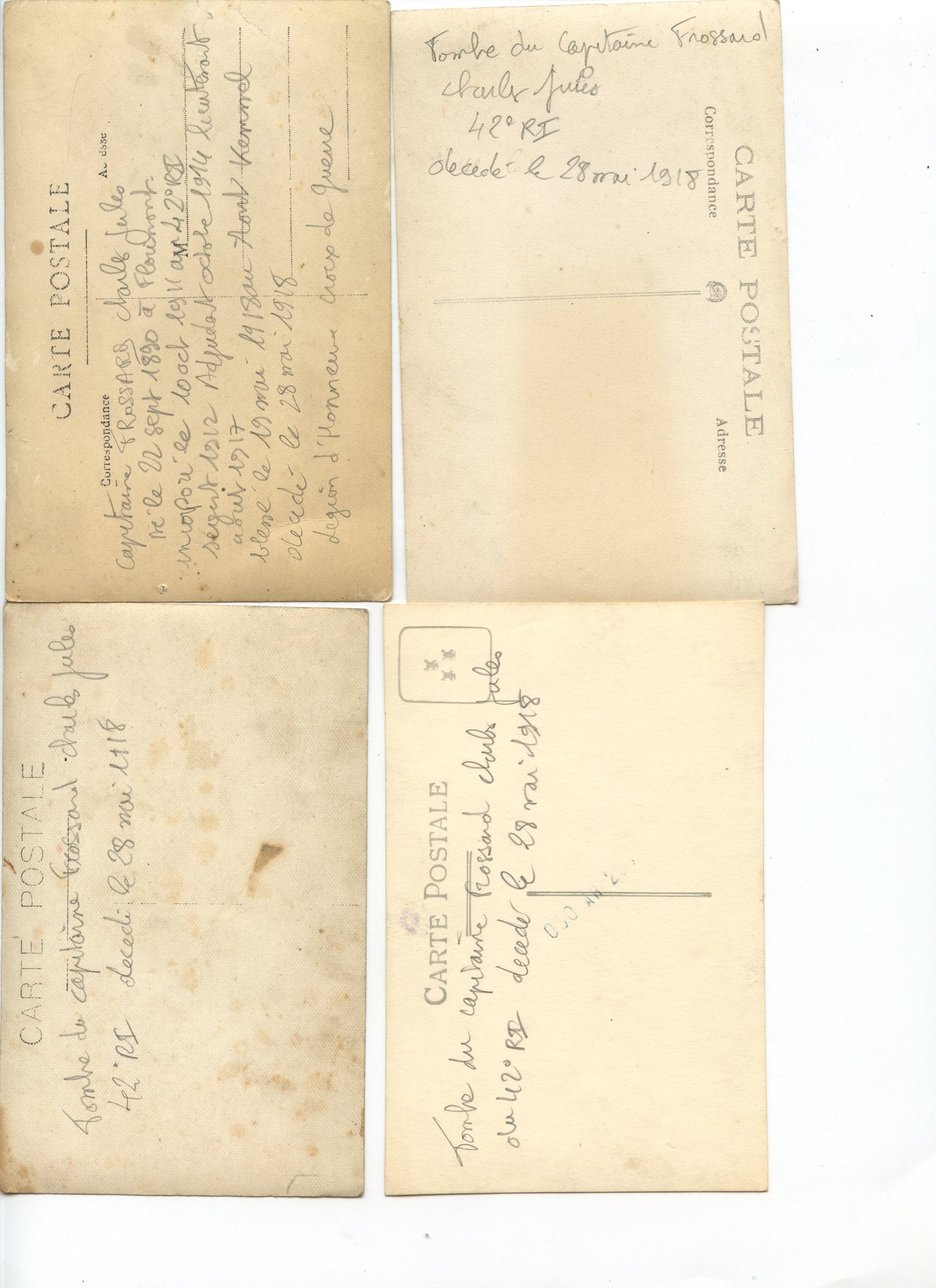 lot de 4 cartes photo portrait et tombe du capitaine Frossard tué en 1918 1914-1918