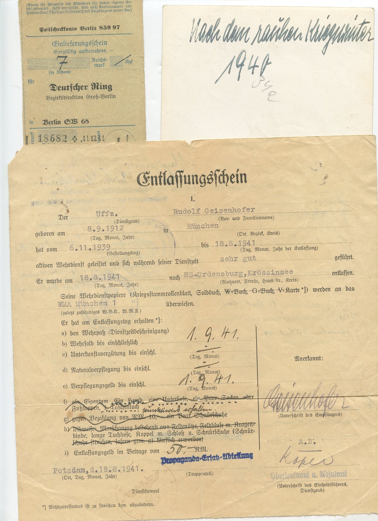 lot de papiers et photos dont diplôme de la croix KVK d'un soldat allemand 1940-45