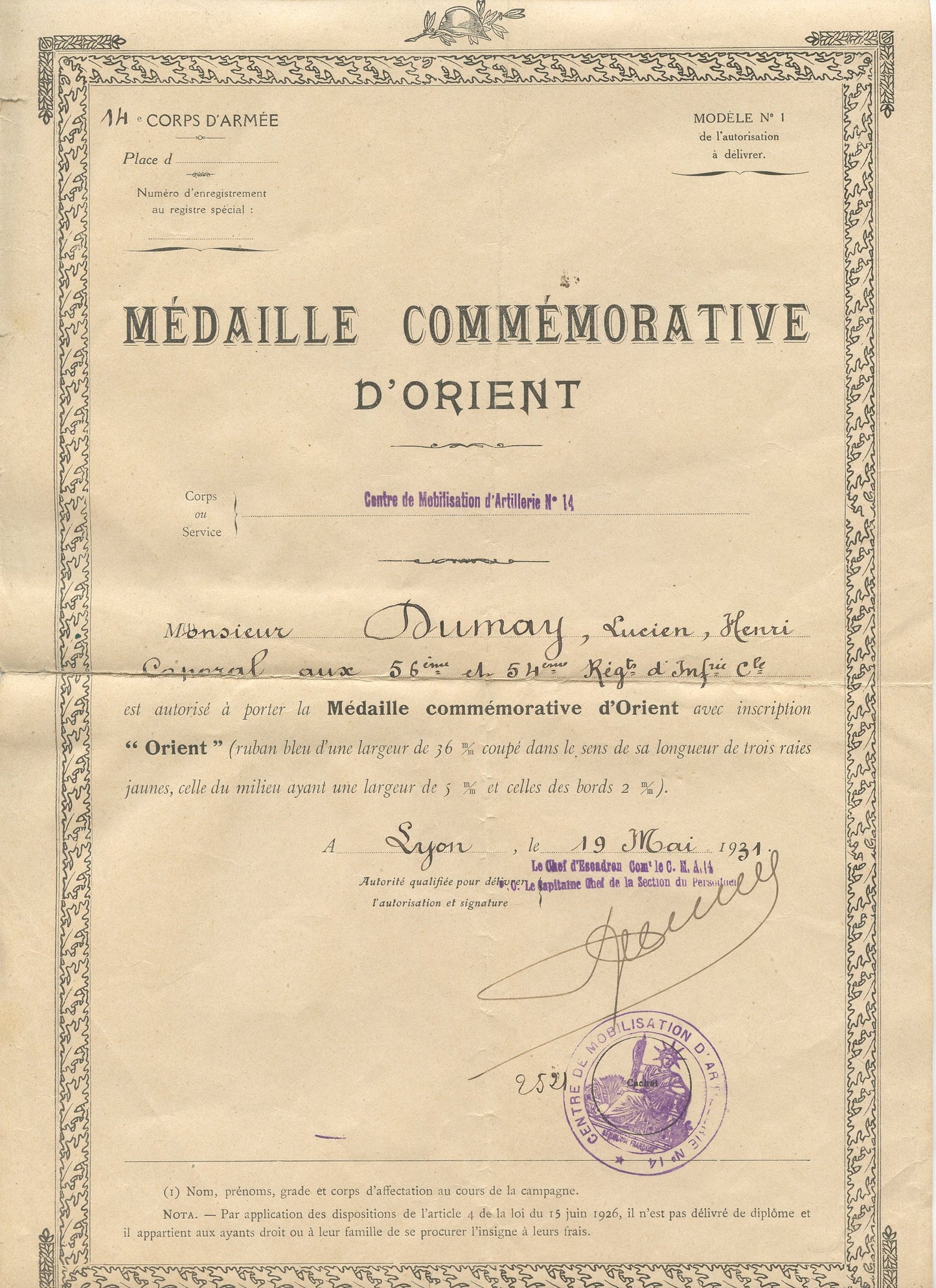 diplôme médaille d'orient et interalliée pour un caporal 56° et 54°RIC coloniale