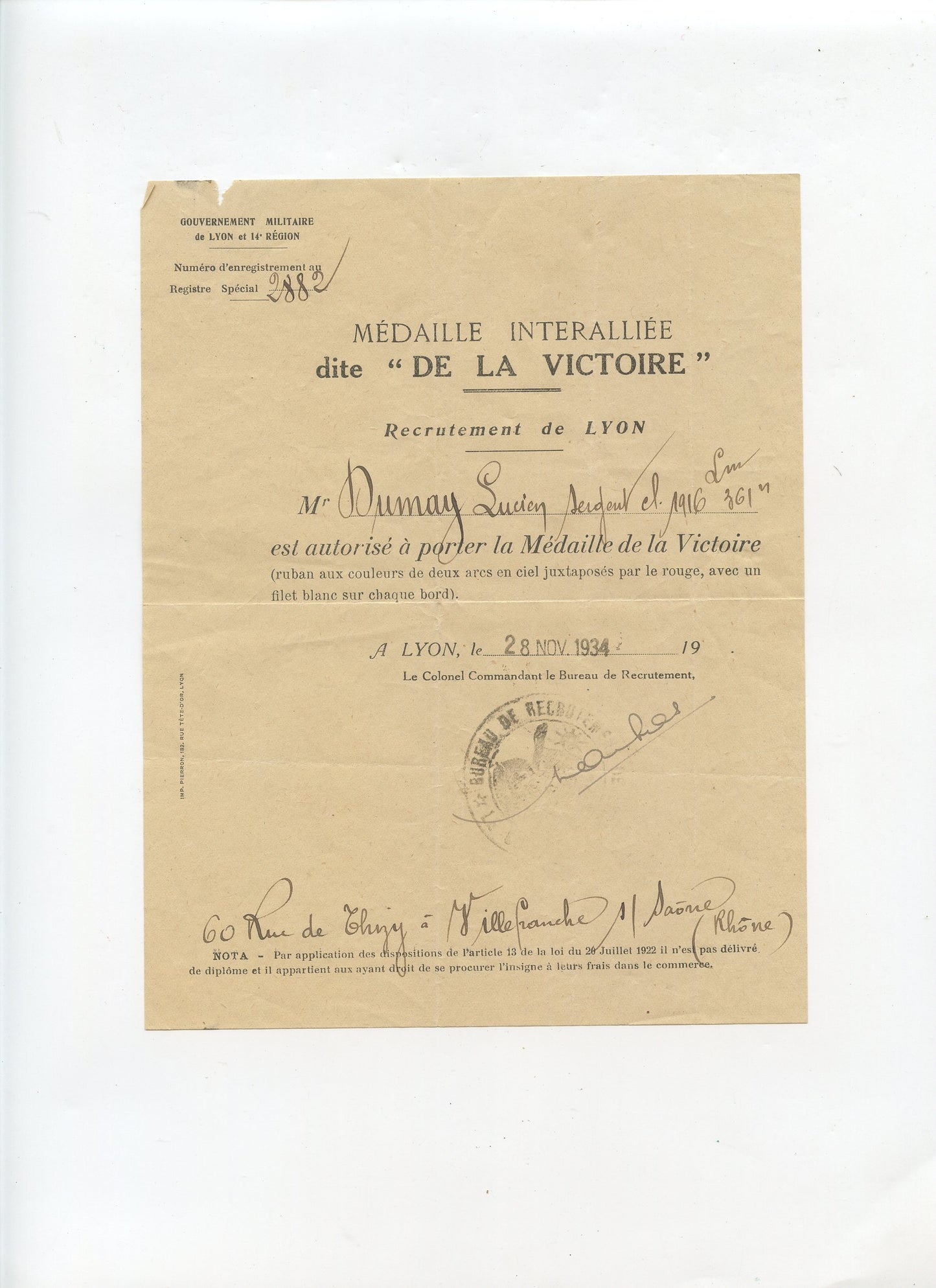 diplôme médaille d'orient et interalliée pour un caporal 56° et 54°RIC coloniale