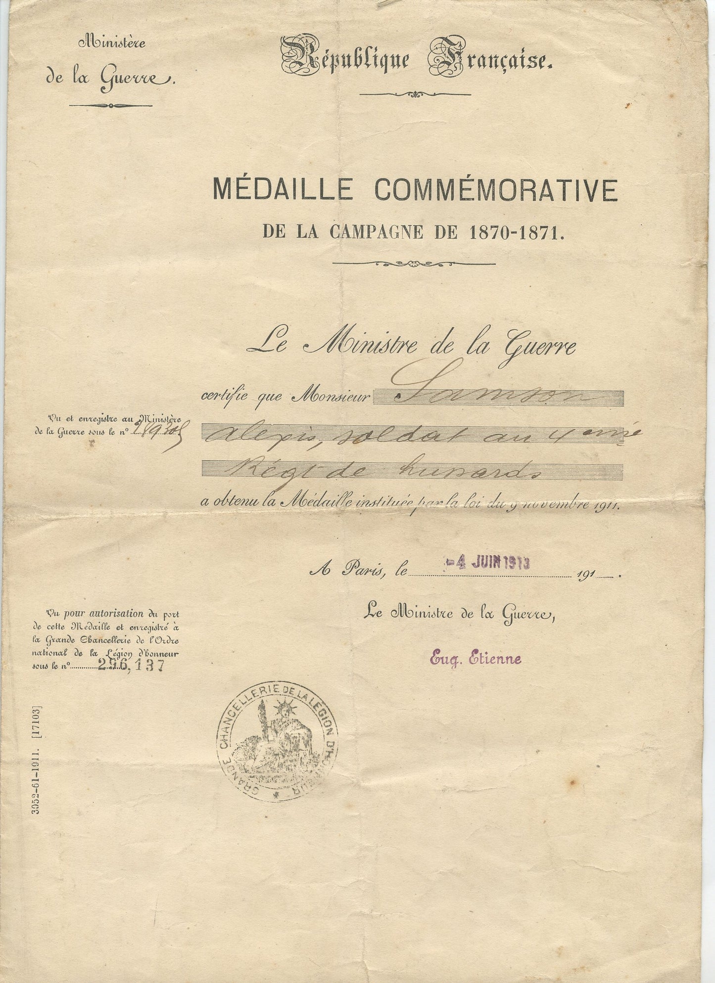 diplome médaille commémorative de 1870-71 4° régiment de hussards