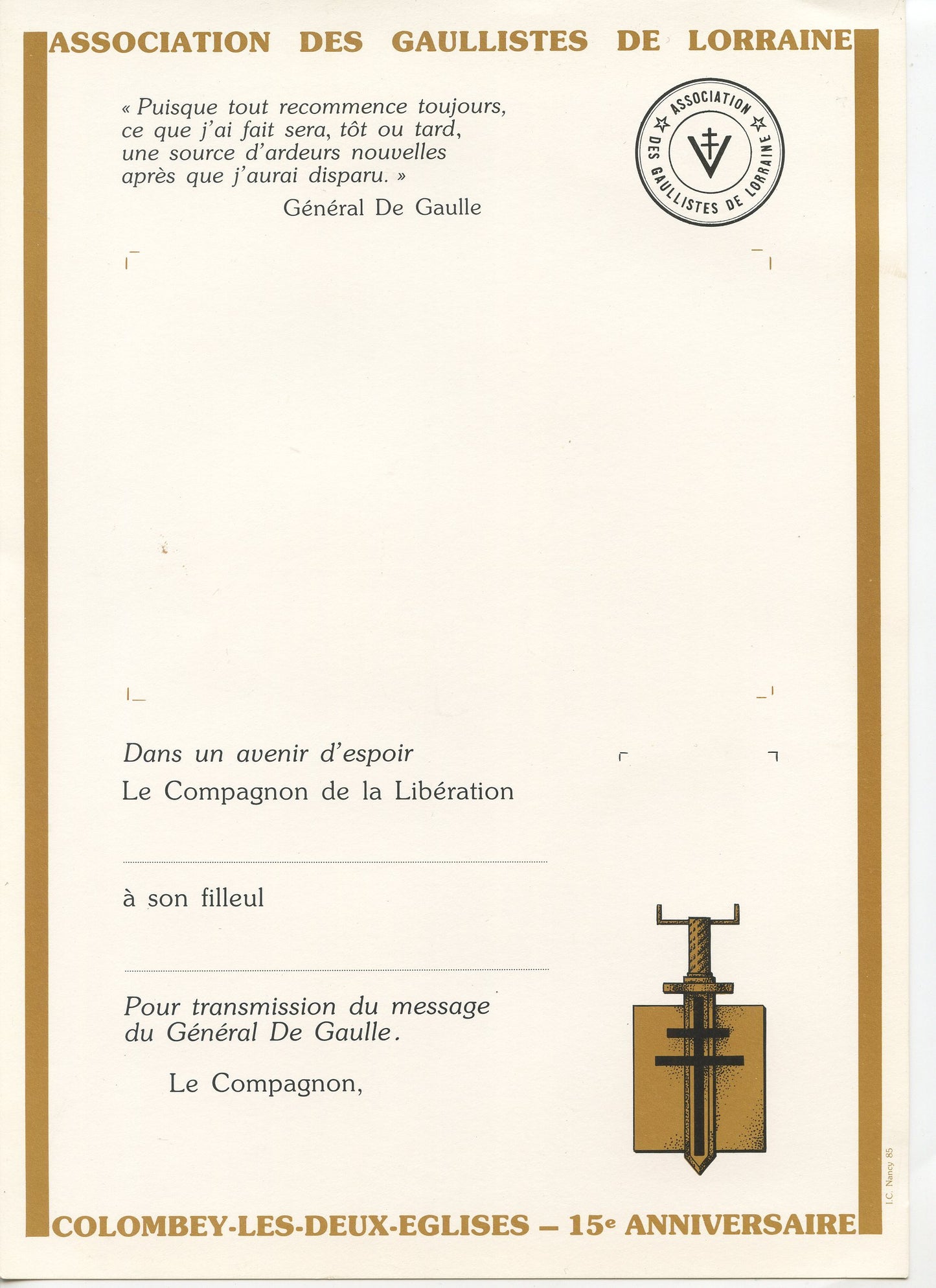 diplôme vierge de parrainage par un compagnon de la libération de Lorraine