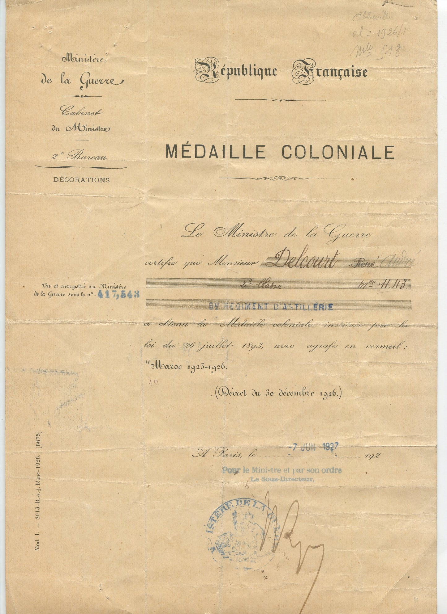 diplôme médaille coloniale agrafe Maroc 1925-26 avec photos et diplôme de préparation militaire de son fils