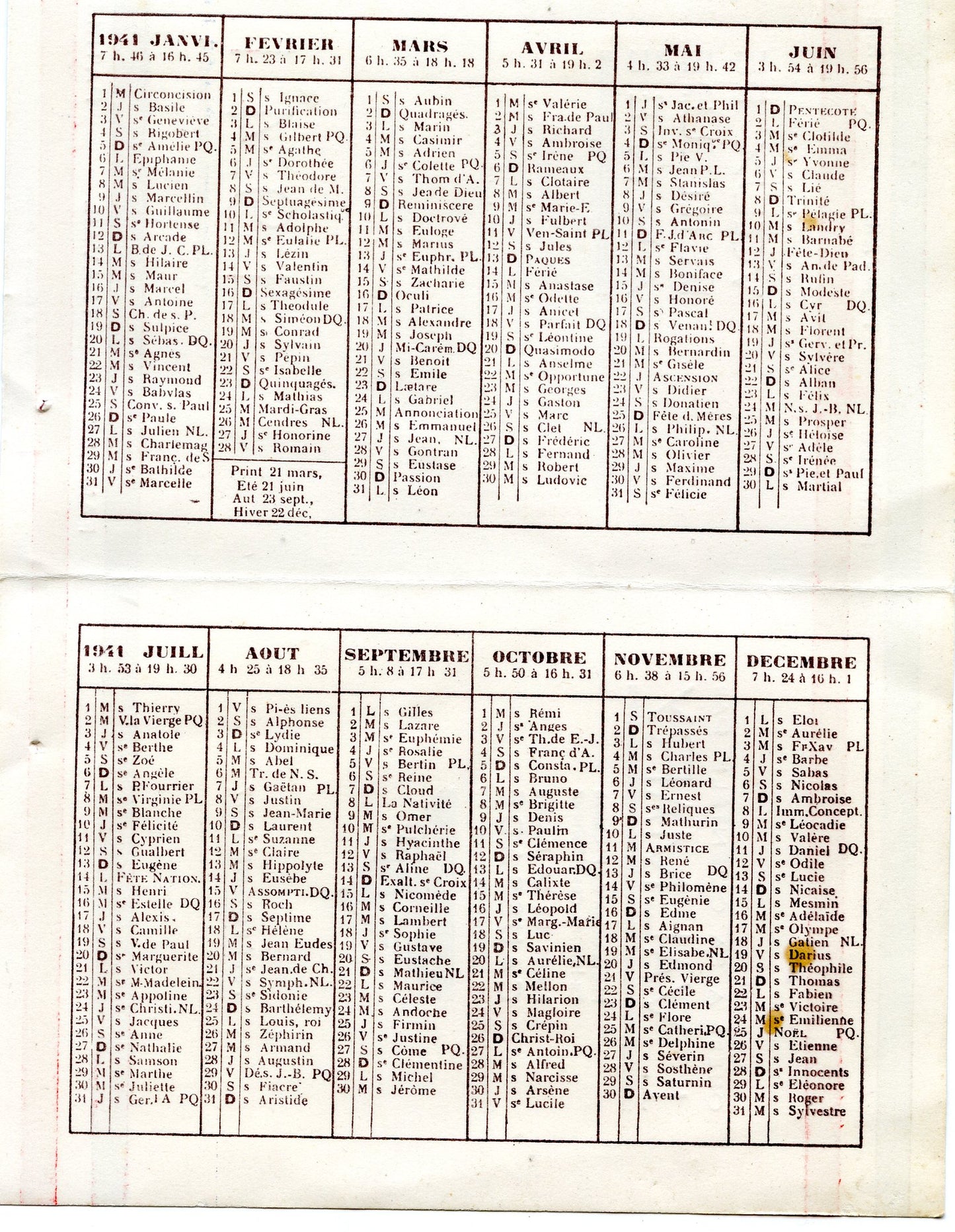 calendrier Etat Français 1941 Caussade