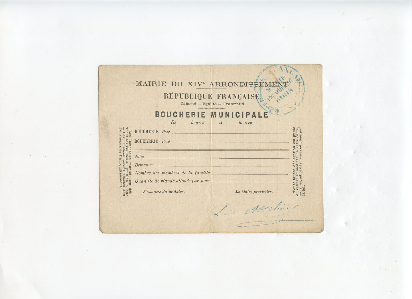 carte de boucherie siège de Paris commune de 1870-71 mairie du XIV° arrondissement