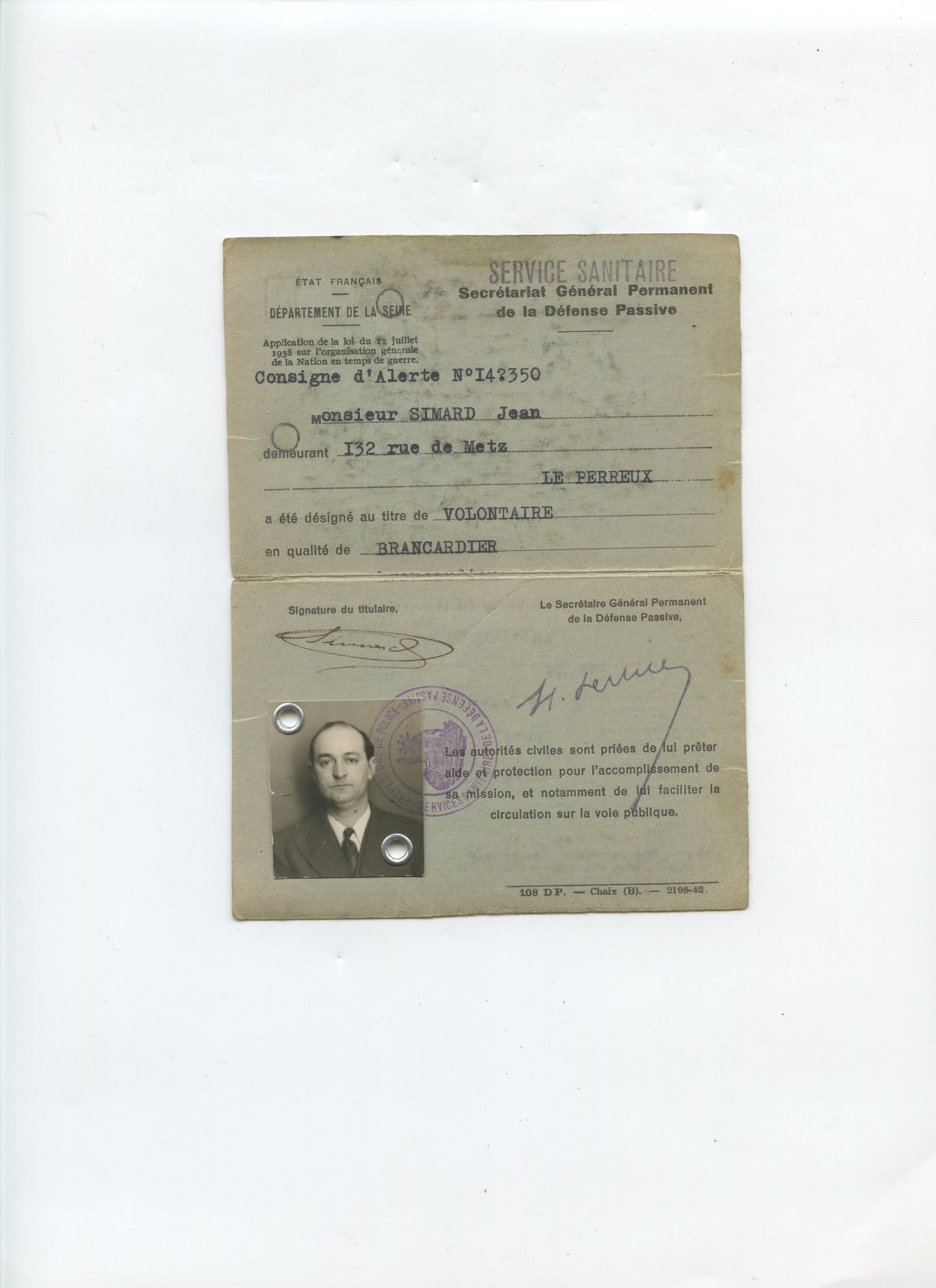 carte défense passive de Paris service sanitaire brancardier 1939-45