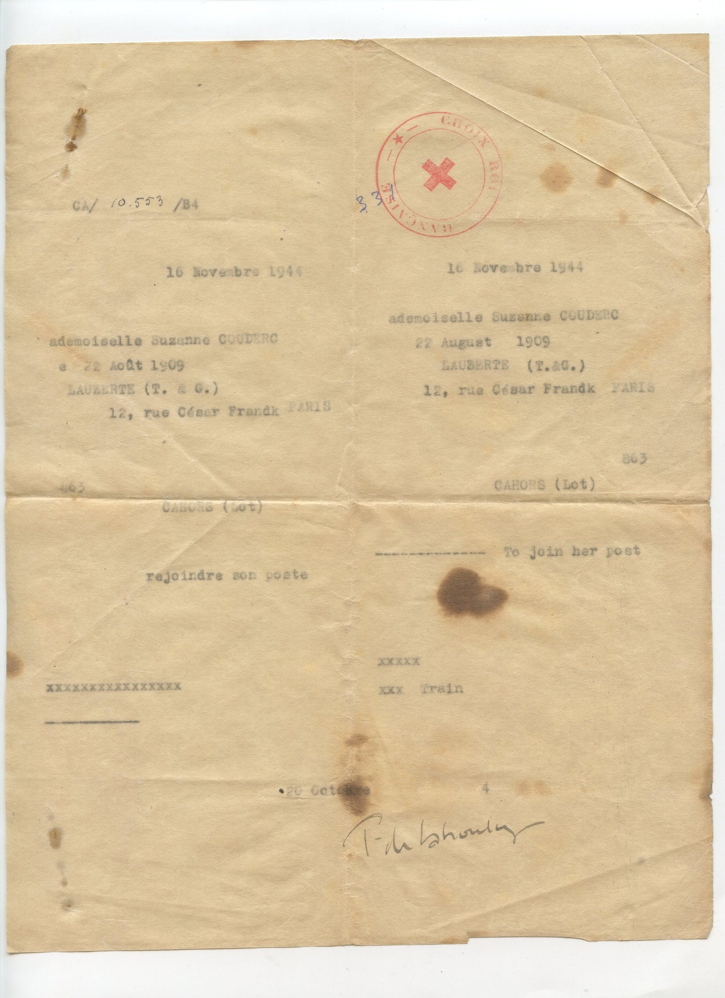 ordre de mission de la croix rouge pour une femme 1944