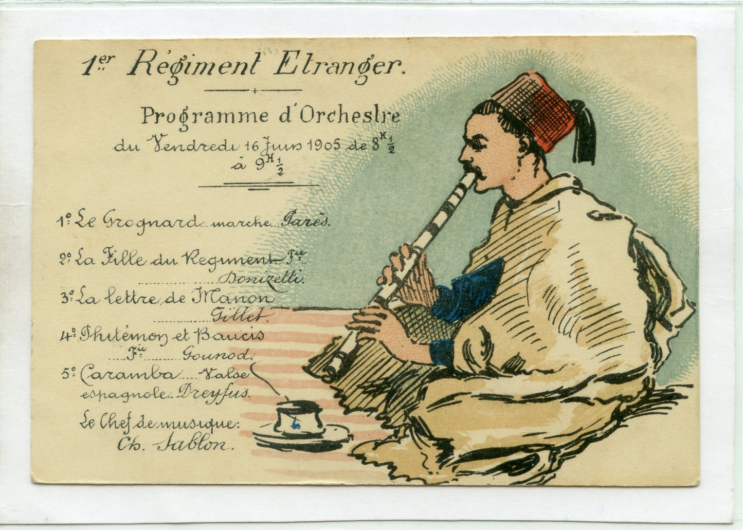 carte programme de l'orchestre du 1° régiment étranger Légion Etrangère 1905