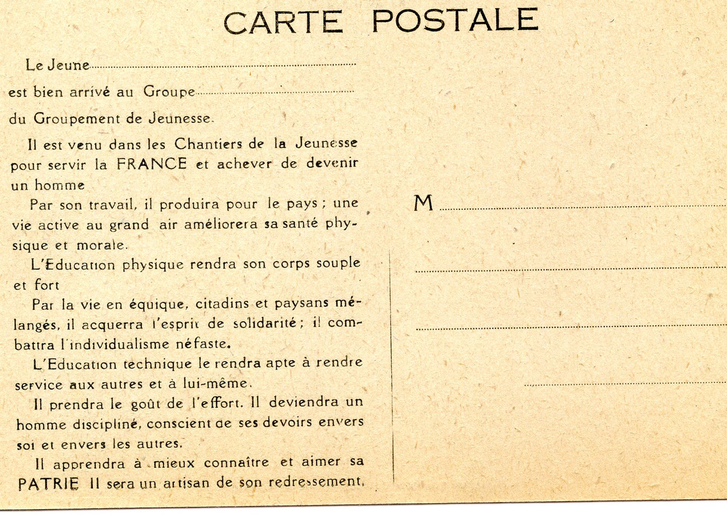carte postale chantiers de jeunesse pré imprimée lutte contre l'incendie