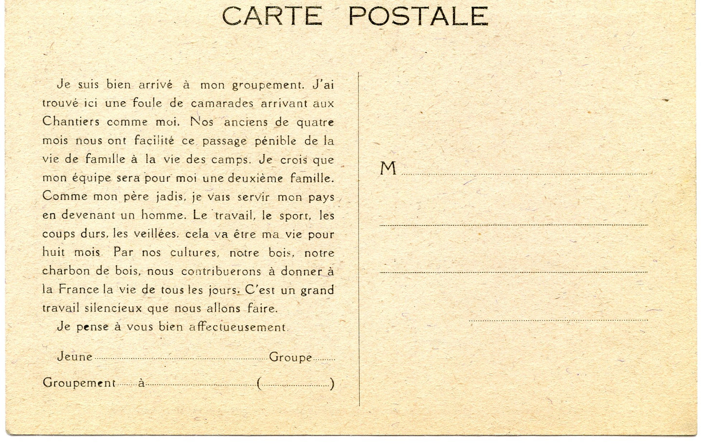 carte postale chantiers de jeunesse pré imprimée travail pour le pays
