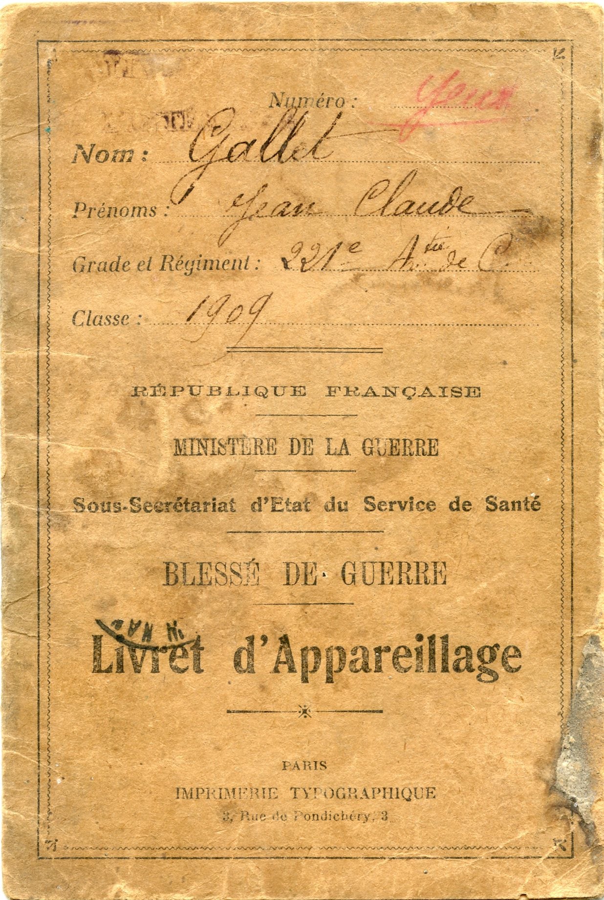 livret d'appareillage de blessé de guerre 53°RA et 221°RA 1914-18, perte d'un œil