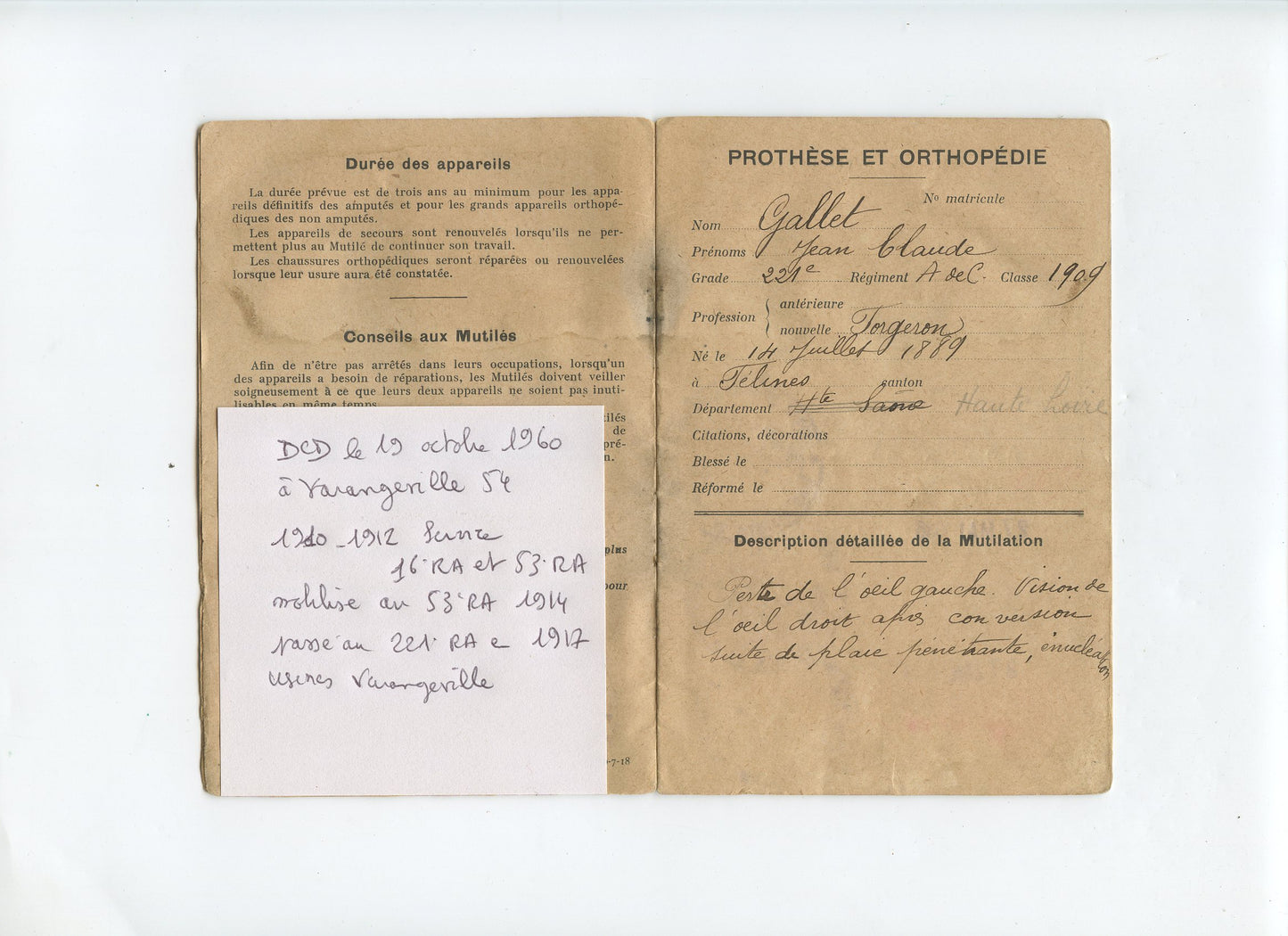 livret d'appareillage de blessé de guerre 53°RA et 221°RA 1914-18, perte d'un œil