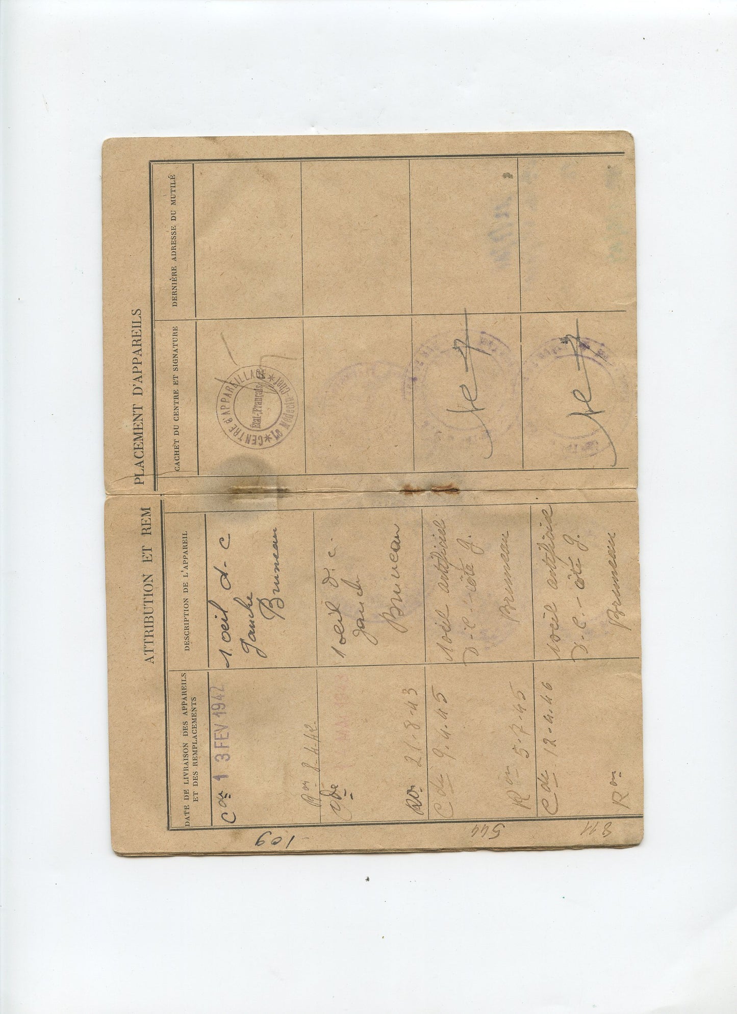 livret d'appareillage de blessé de guerre 53°RA et 221°RA 1914-18, perte d'un œil