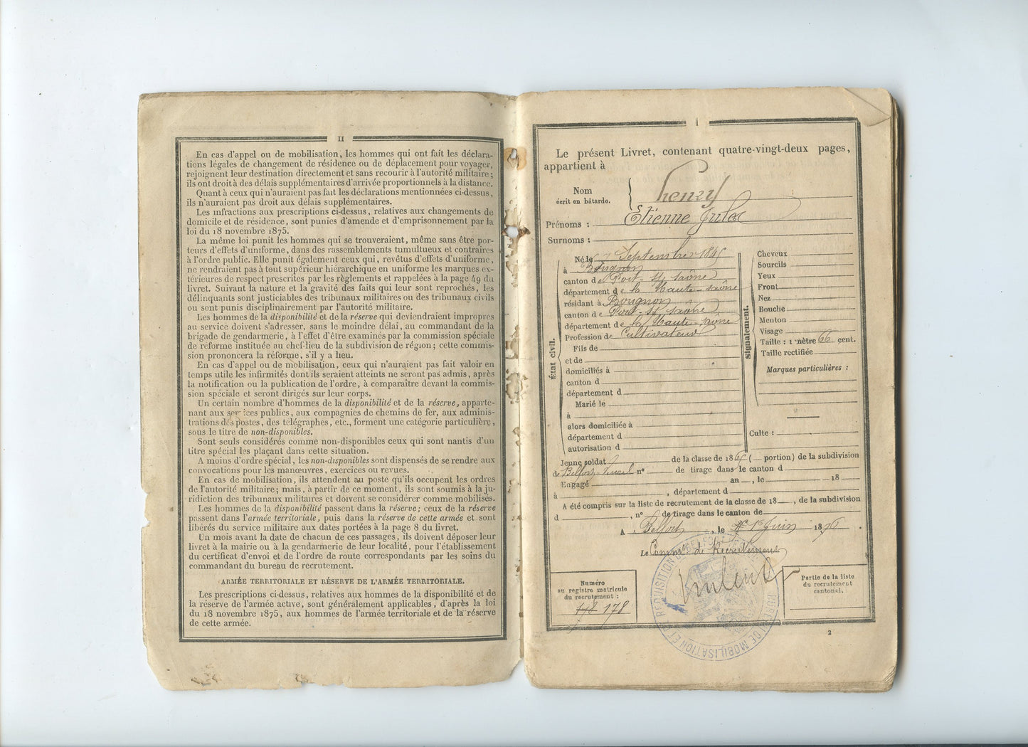 livret militaire soldat de haute Saône artilleur campagne de 1870, annotations intéressantes siège de Belfort