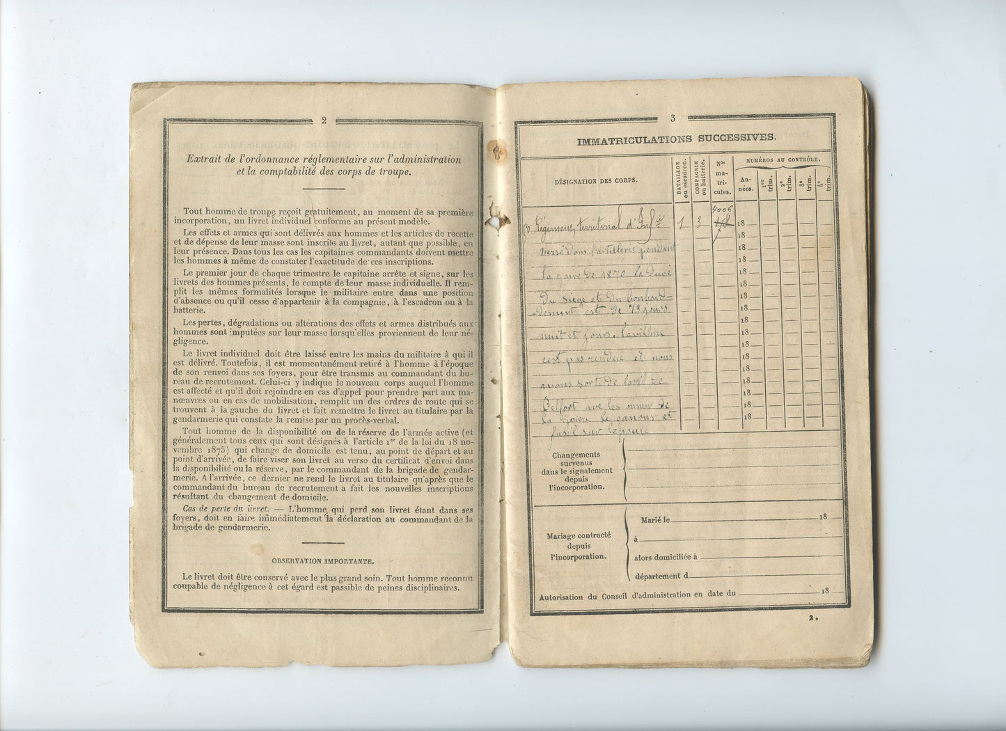livret militaire soldat de haute Saône artilleur campagne de 1870, annotations intéressantes siège de Belfort